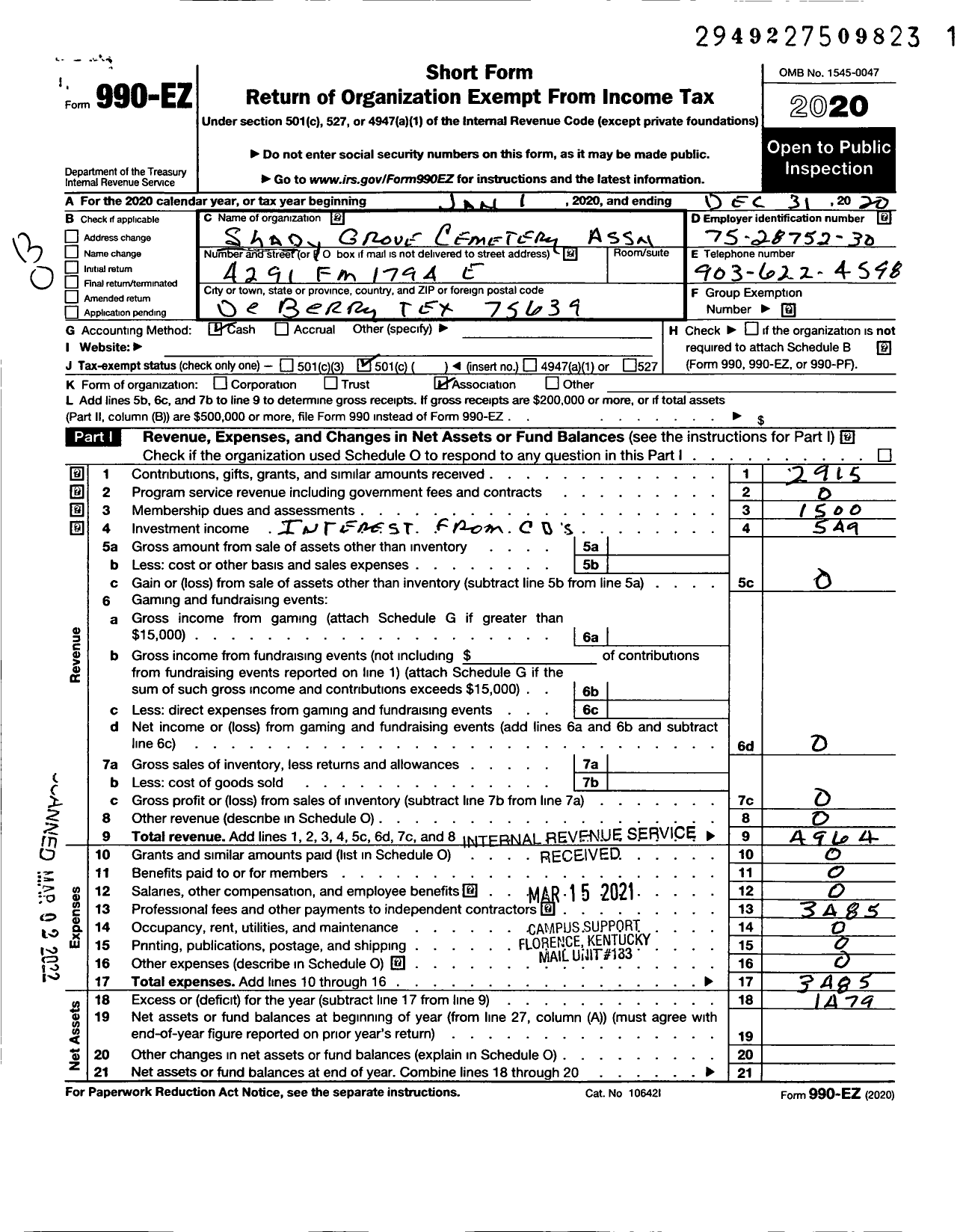 Image of first page of 2020 Form 990EO for Shady Grove Cemetery Association