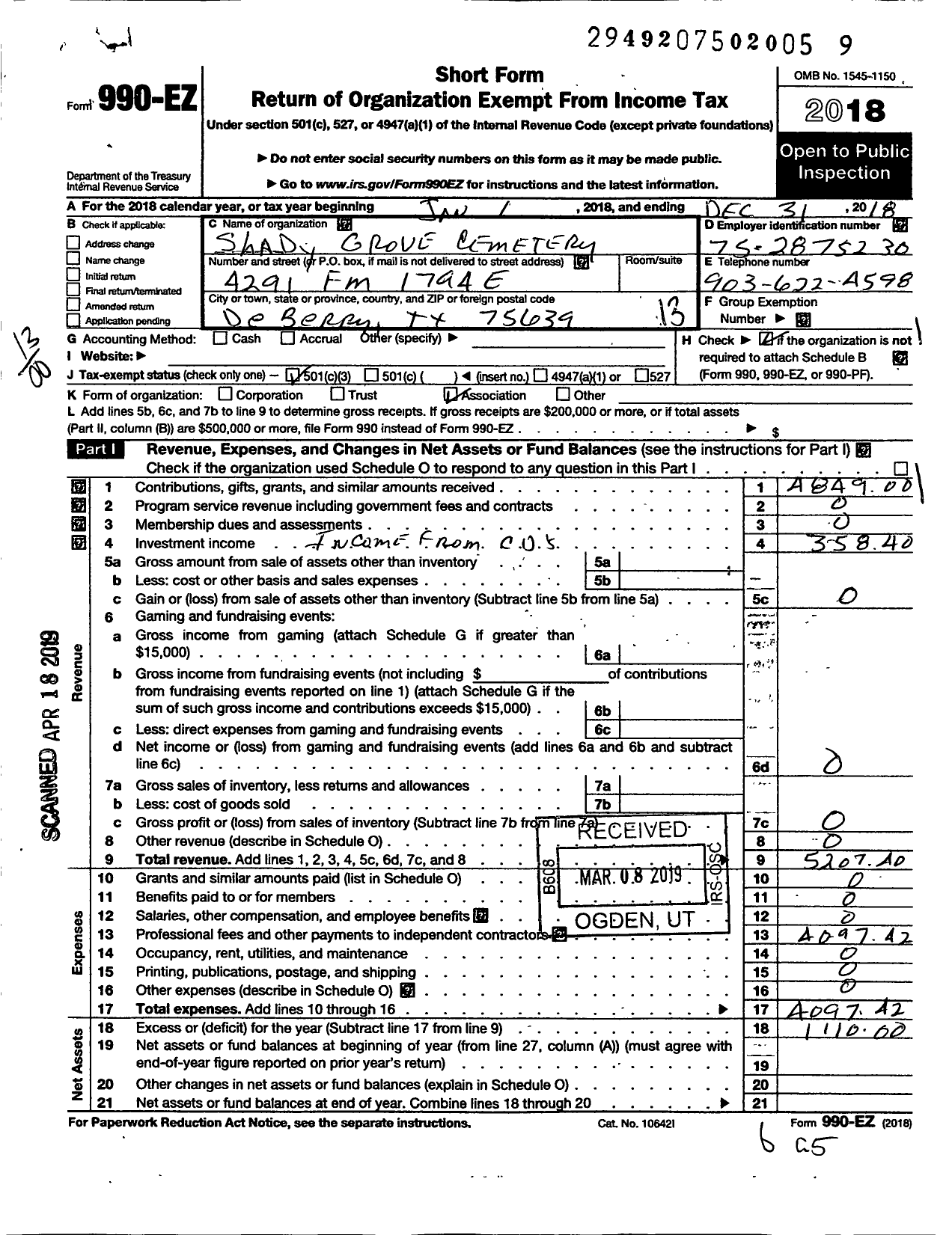 Image of first page of 2018 Form 990EO for Shady Grove Cemetery Association