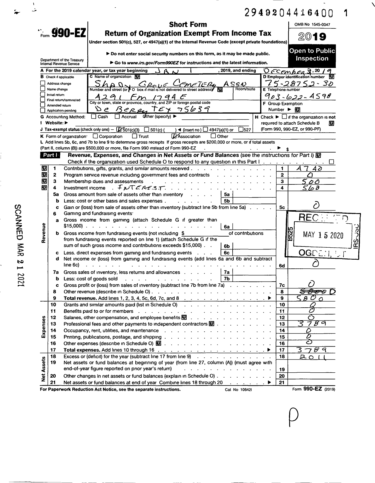 Image of first page of 2019 Form 990EZ for Shady Grove Cemetery Association