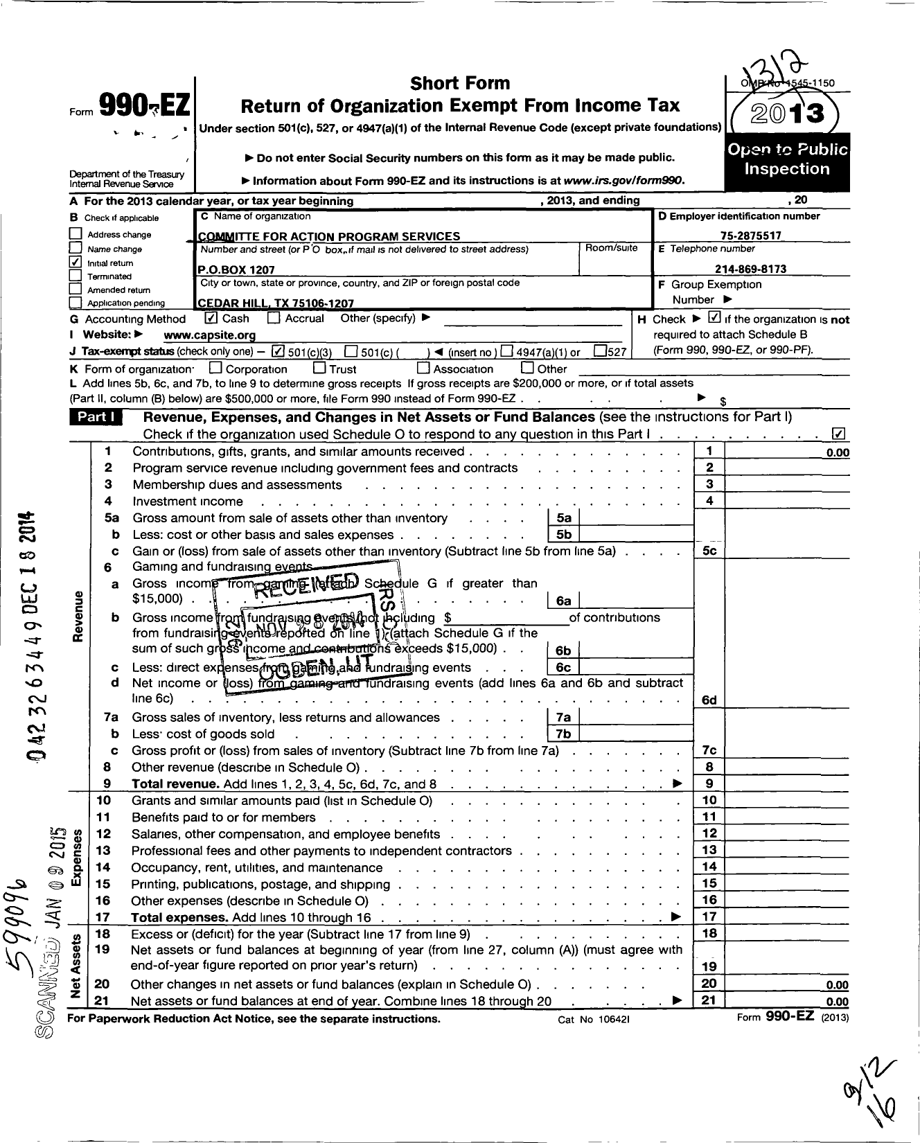 Image of first page of 2013 Form 990EZ for Committee for Action Program Services