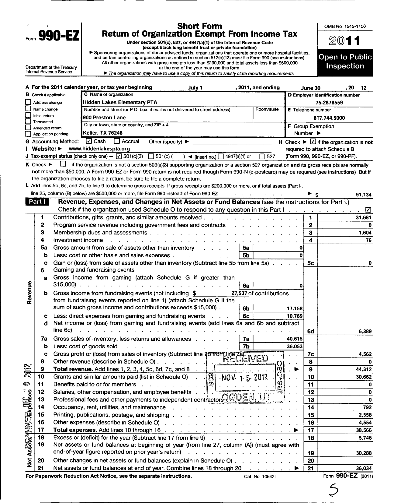 Image of first page of 2011 Form 990EZ for Texas PTA - 5732 Hidden Lakes Elementary PTA