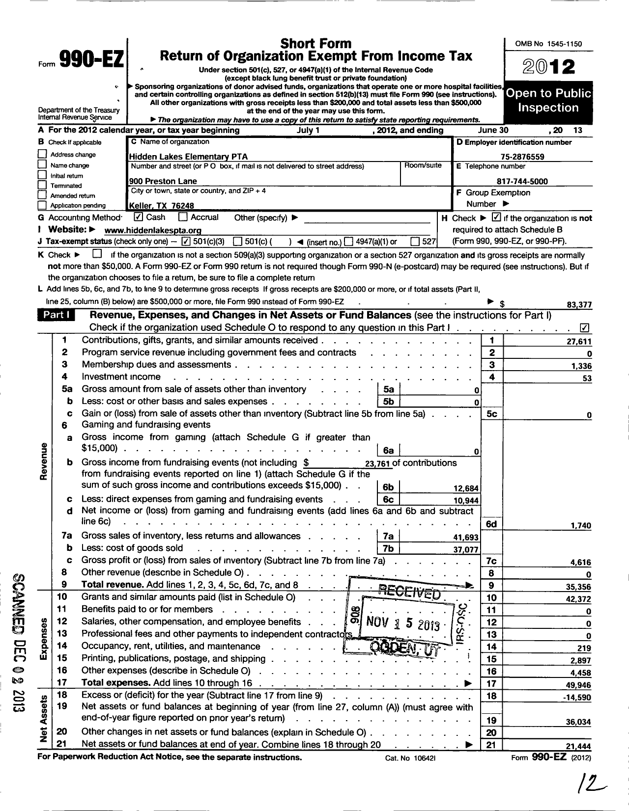 Image of first page of 2012 Form 990EZ for Texas PTA - 5732 Hidden Lakes Elementary PTA