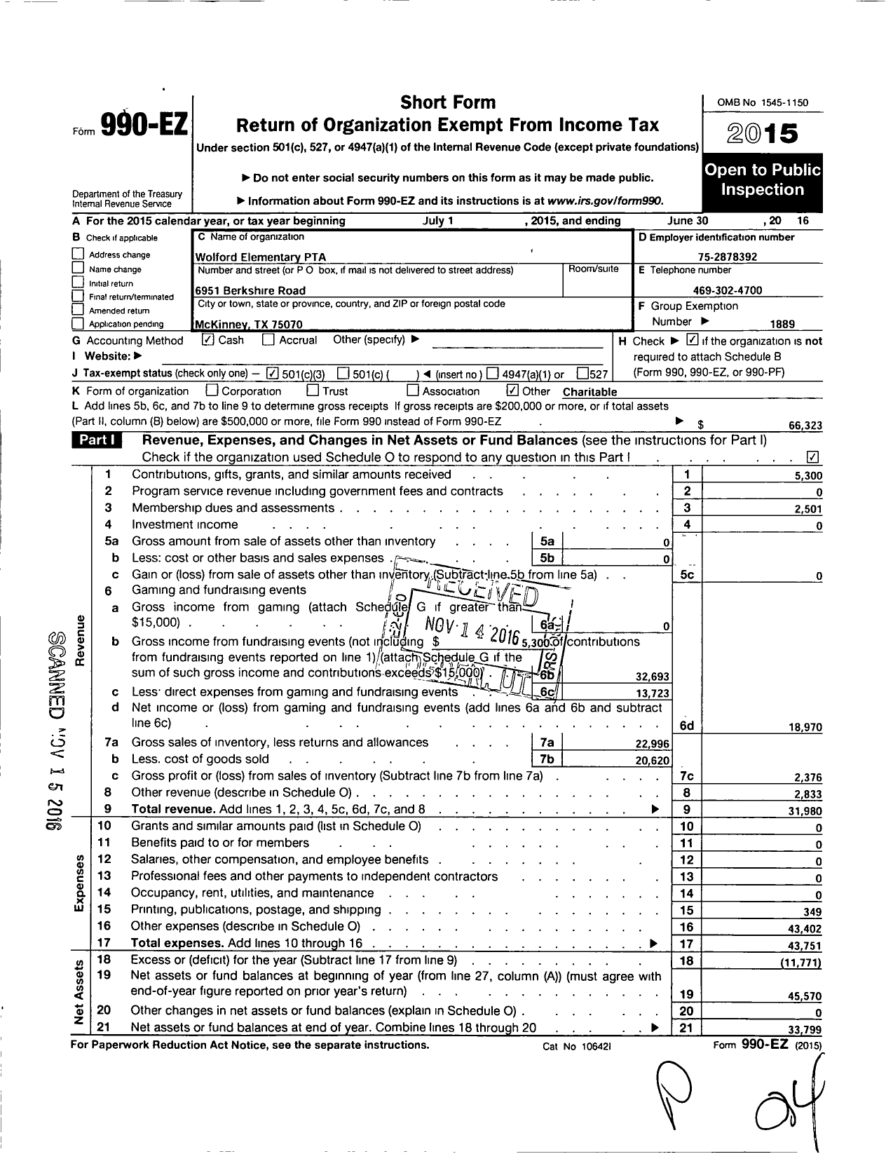 Image of first page of 2015 Form 990EZ for Texas PTA - 6641 Earl & Lottie Wolford Elemenar