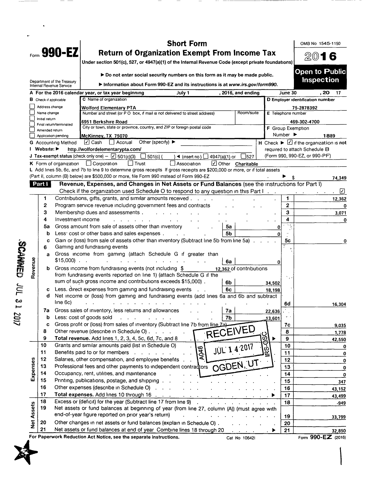 Image of first page of 2016 Form 990EZ for Texas PTA - 6641 Earl & Lottie Wolford Elemenar