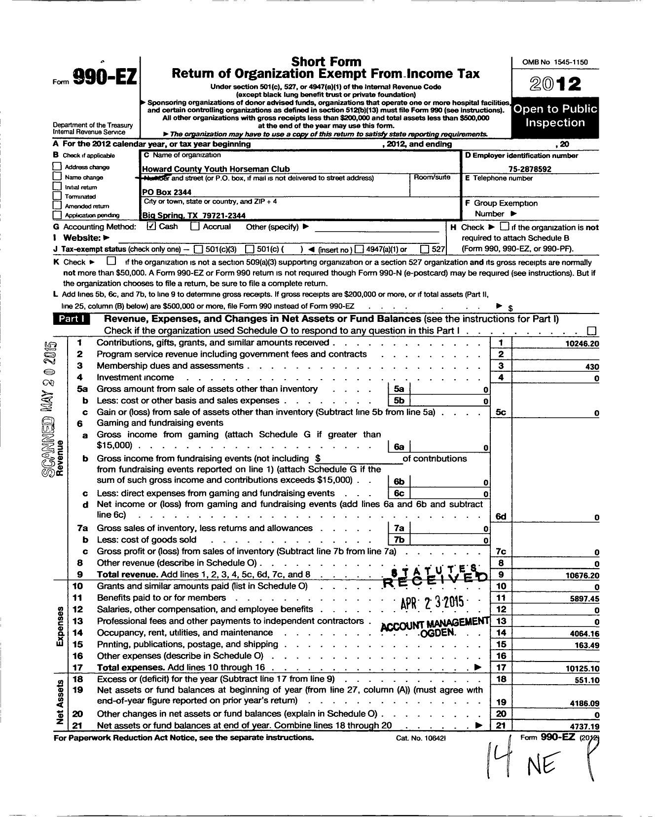 Image of first page of 2012 Form 990EO for Howard County Youth Horseman Club