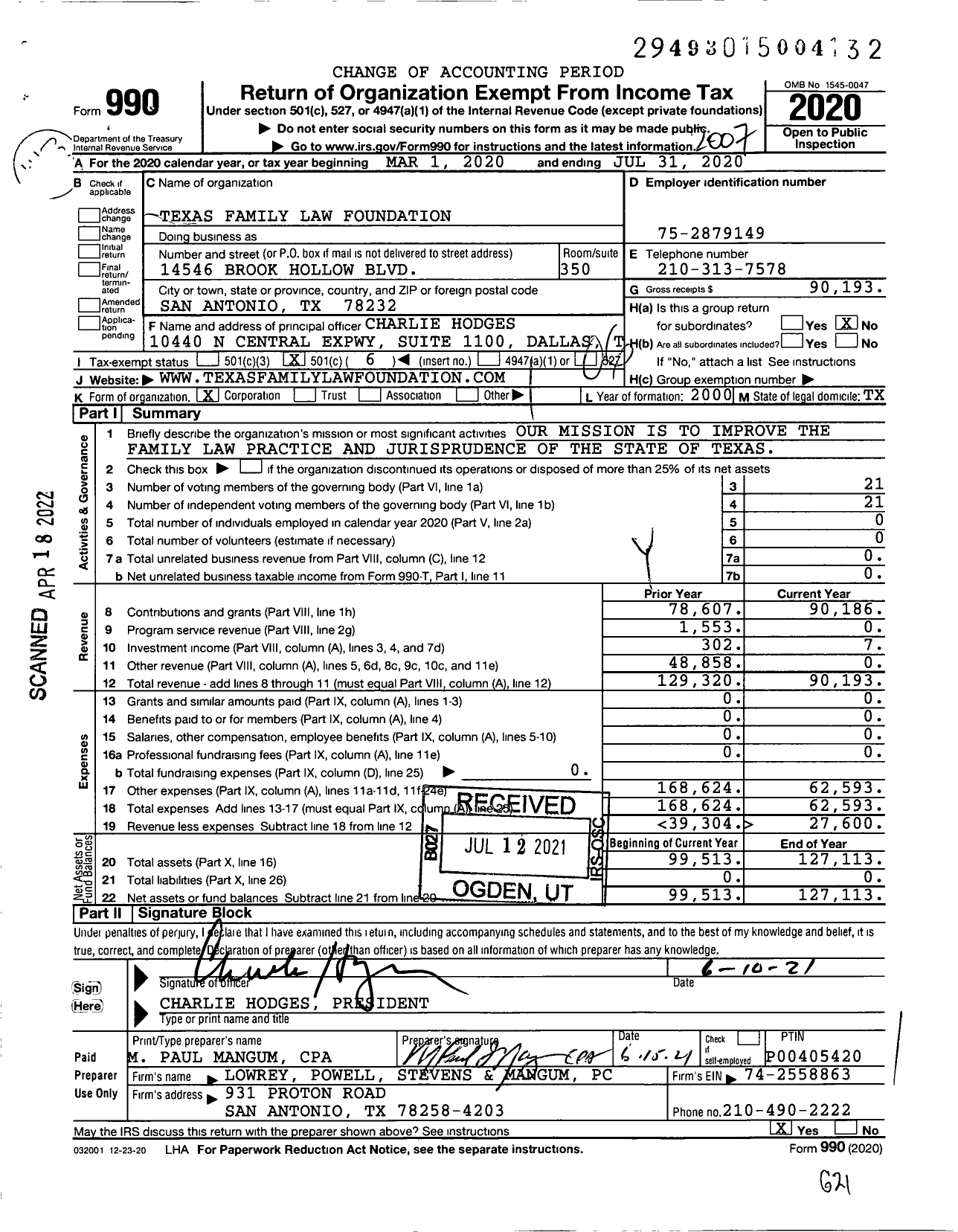 Image of first page of 2019 Form 990O for Texas Family Law Foundation