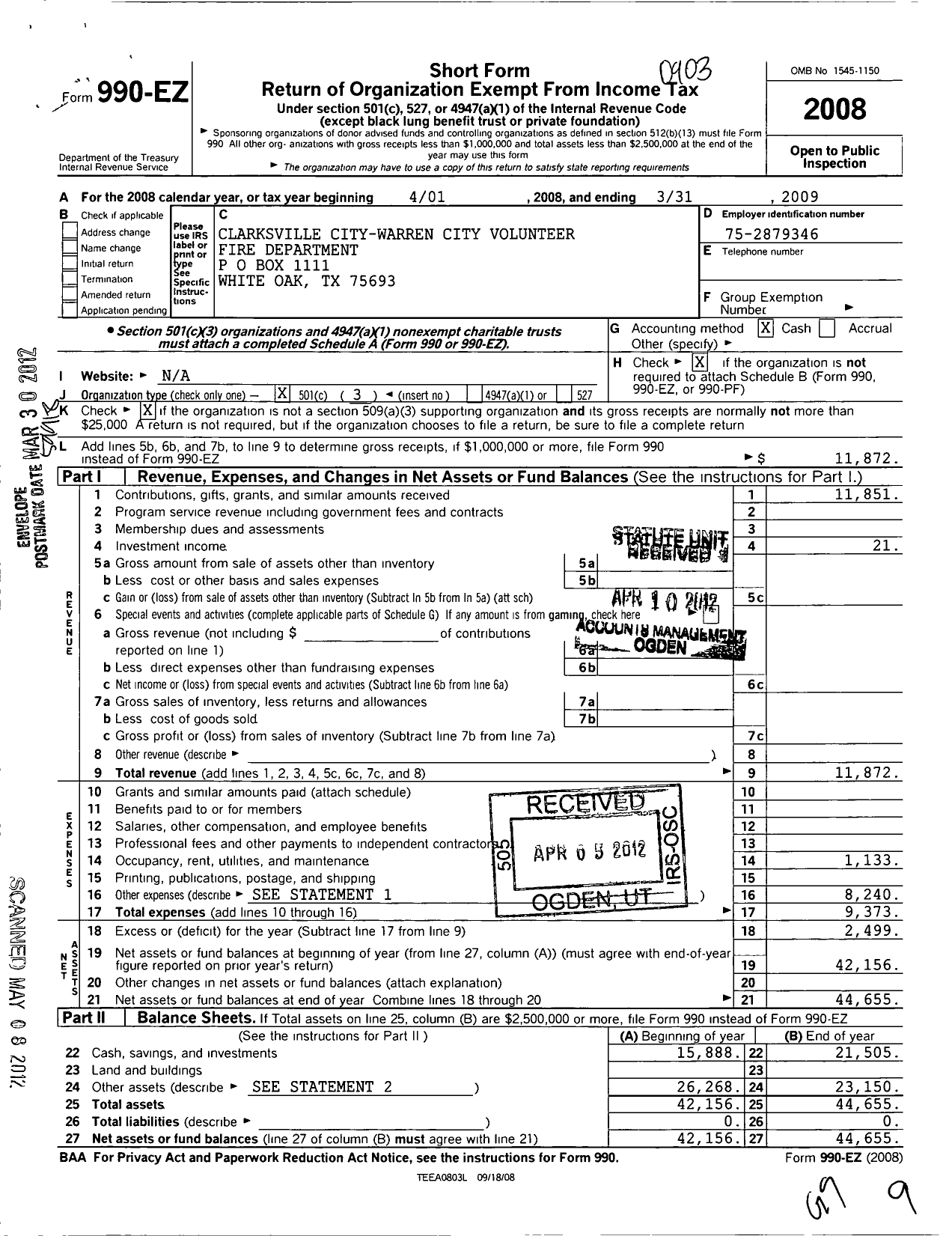 Image of first page of 2008 Form 990EZ for Clarksville City-Warren City Volunteer Fire Department