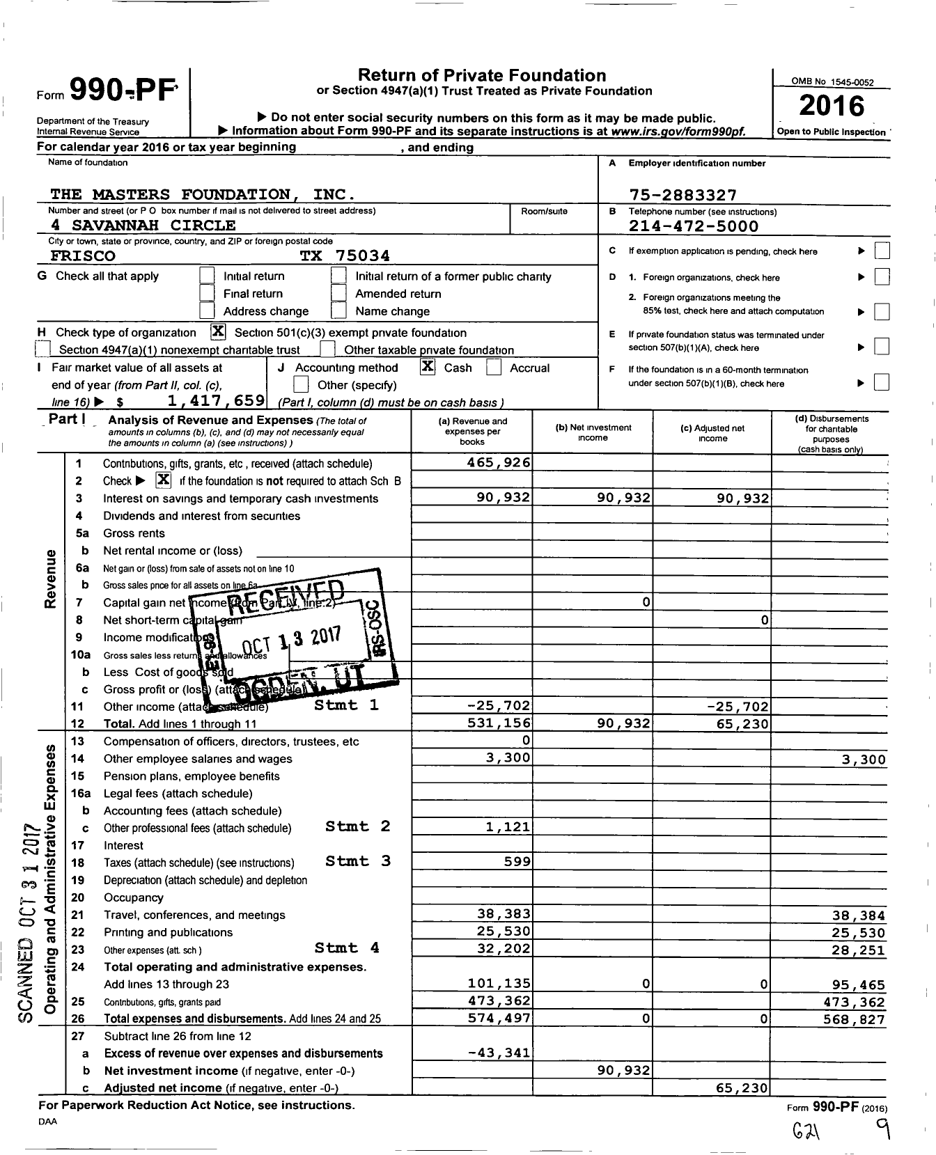 Image of first page of 2016 Form 990PF for Masters Foundation