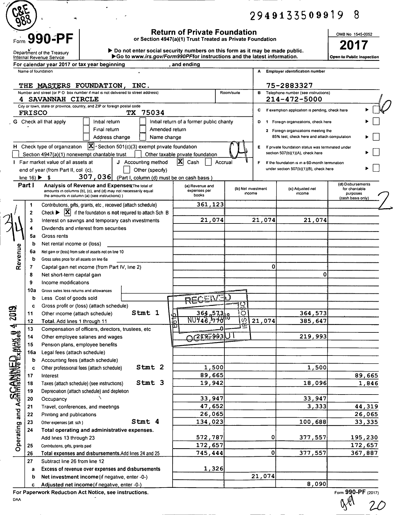 Image of first page of 2017 Form 990PF for Masters Foundation