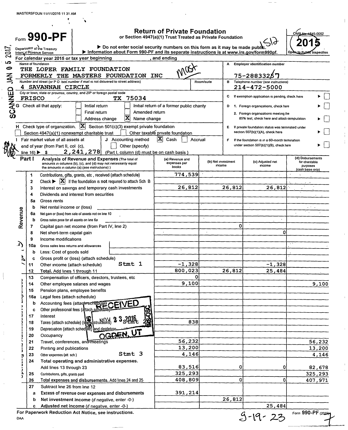 Image of first page of 2015 Form 990PF for Masters Foundation