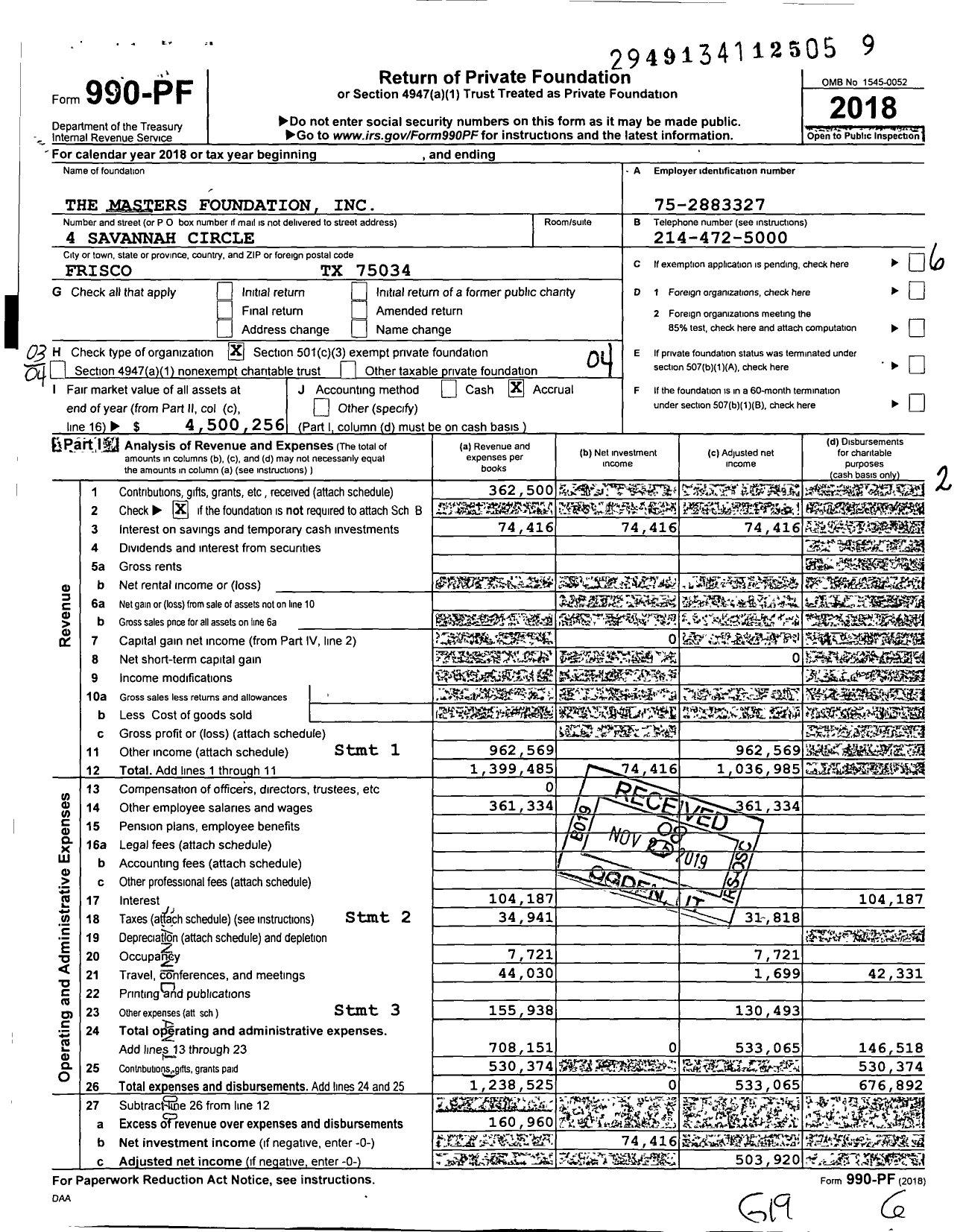 Image of first page of 2018 Form 990PF for Masters Foundation