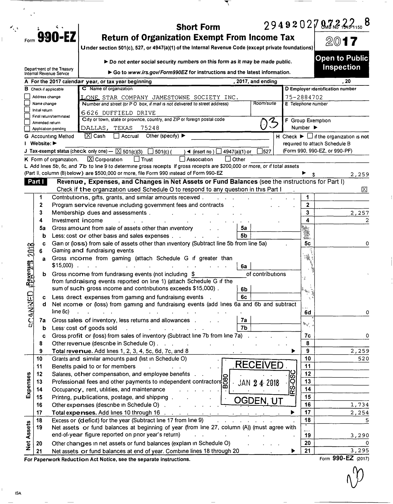 Image of first page of 2017 Form 990EZ for Lone Star Company of the James Towne Society