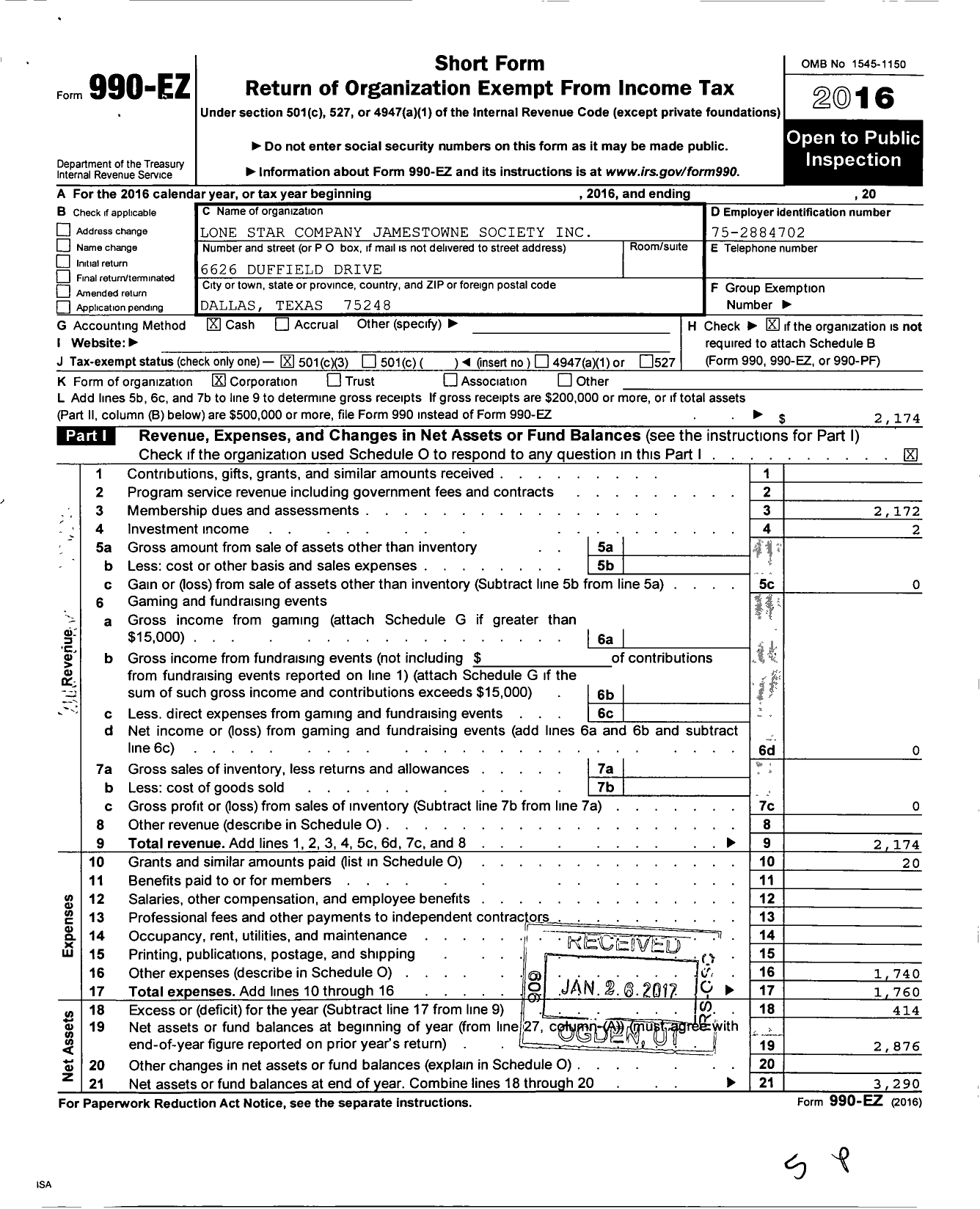 Image of first page of 2016 Form 990EZ for Lone Star Company of the James Towne Society