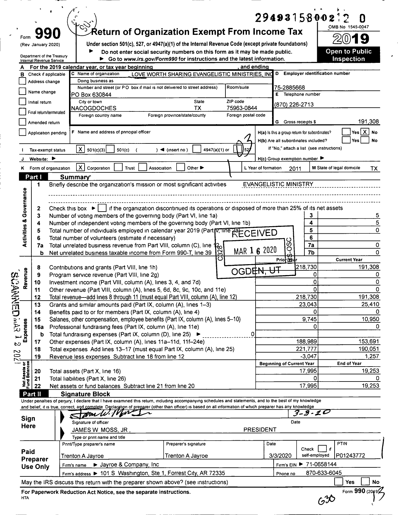 Image of first page of 2019 Form 990 for Love Worth Sharing Evangelistic Ministries