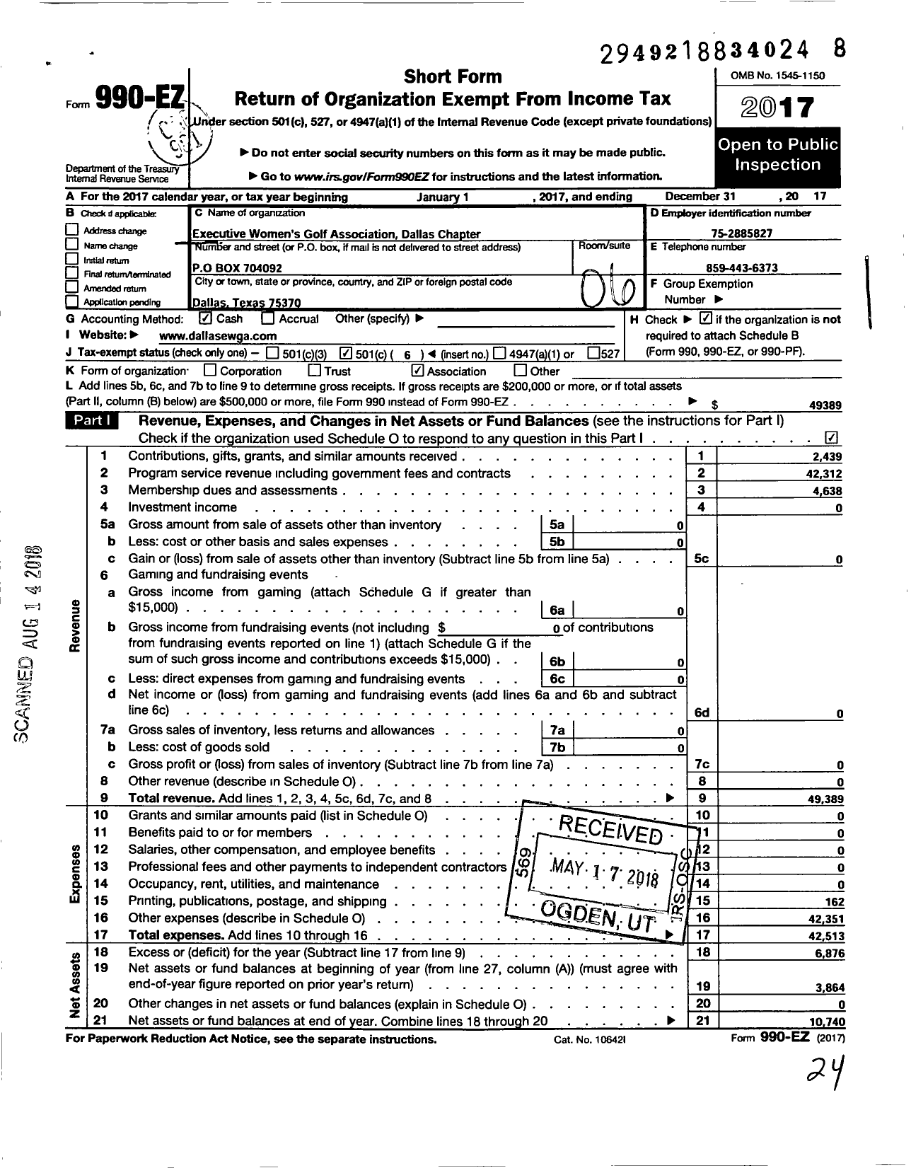 Image of first page of 2017 Form 990EO for Excutive Womens Golf Association / Dallas TX Chapter