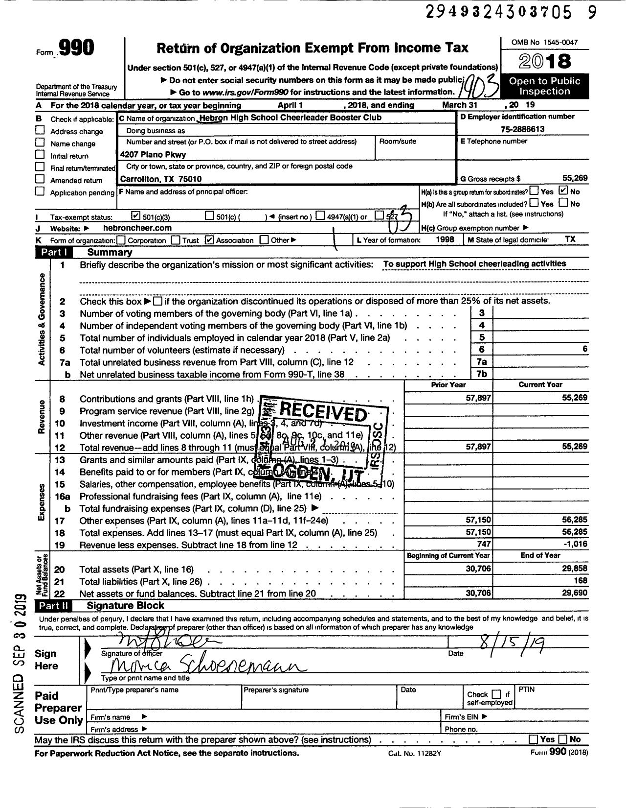 Image of first page of 2018 Form 990 for Hebron High School Cheerleader Booster Club