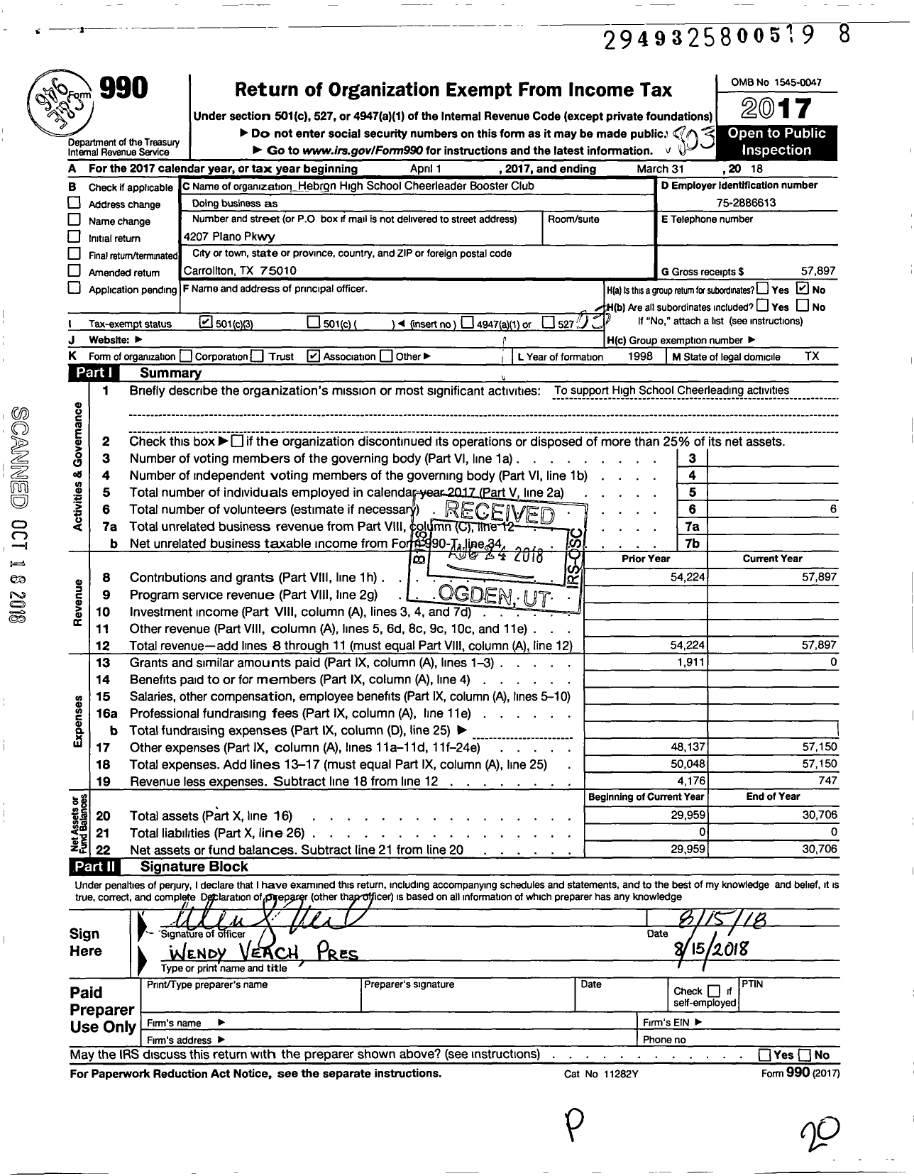 Image of first page of 2017 Form 990 for Hebron High School Cheerleader Booster Club