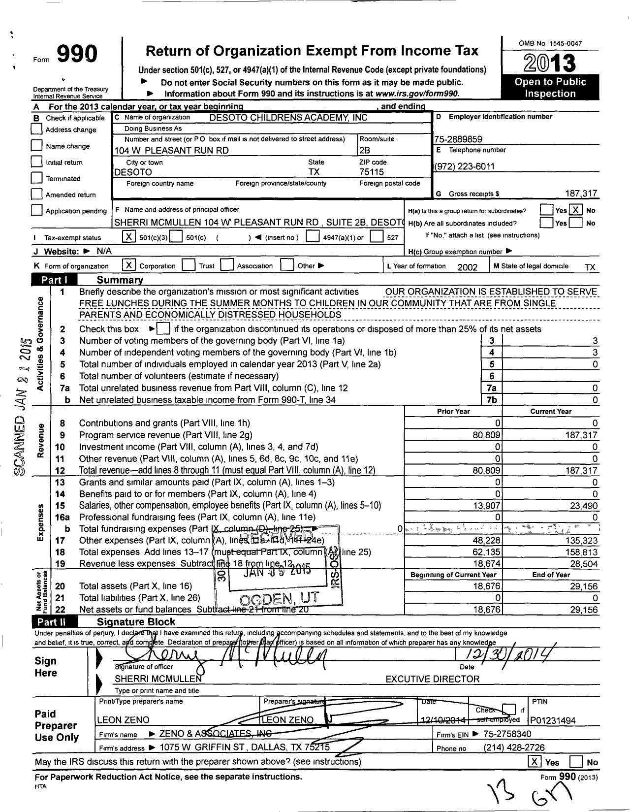 Image of first page of 2013 Form 990 for Desoto Childrens Academy