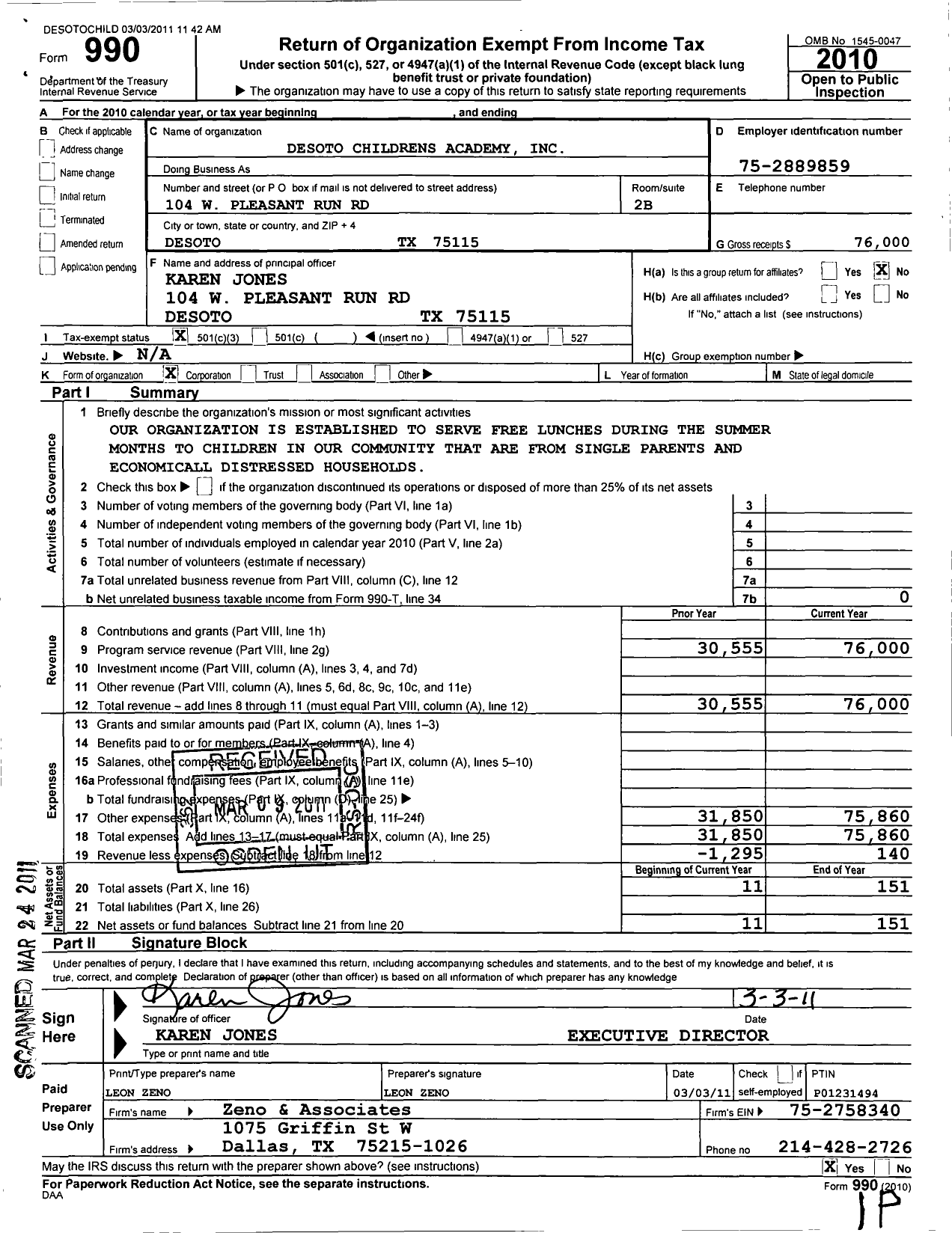 Image of first page of 2010 Form 990 for Desoto Childrens Academy