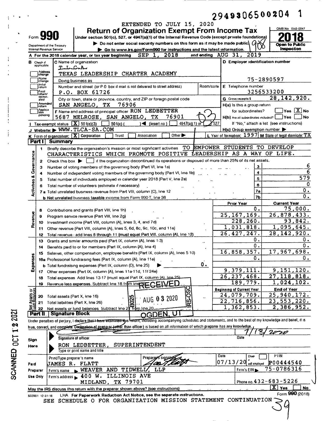 Image of first page of 2018 Form 990 for Texas Leadership Charter Academy (TLCA)