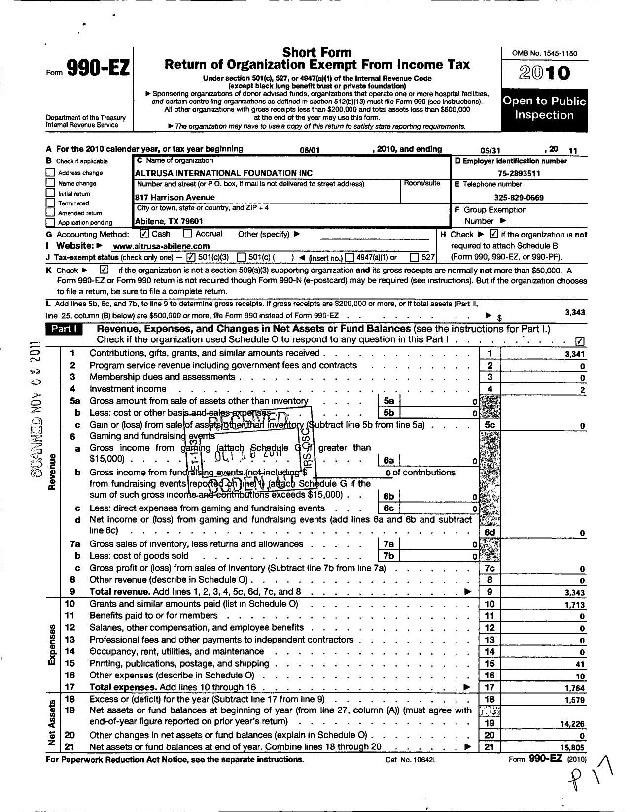 Image of first page of 2010 Form 990EZ for Altrusa International Foundation / Abilene Texas Foundation