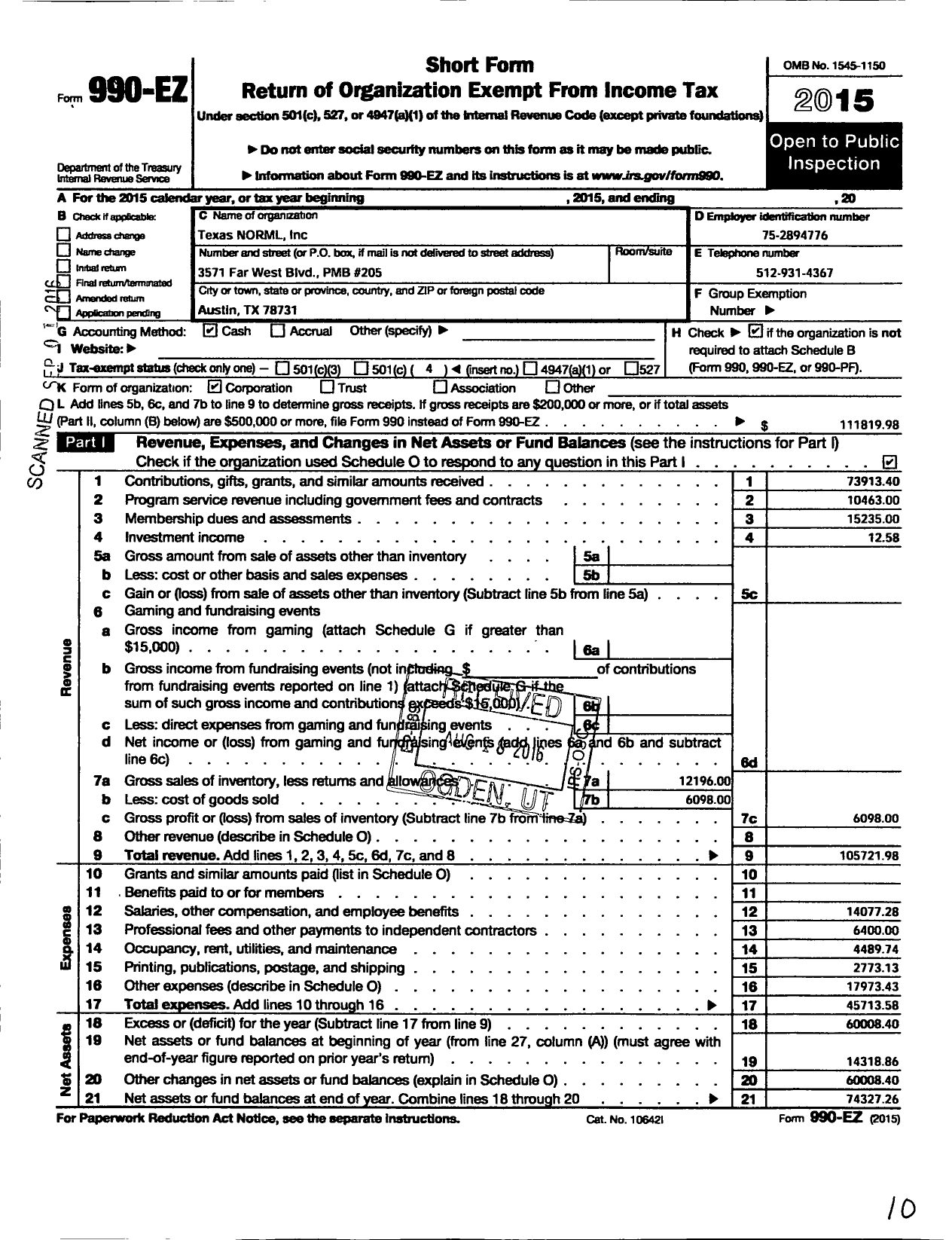 Image of first page of 2015 Form 990EO for Texas Norml