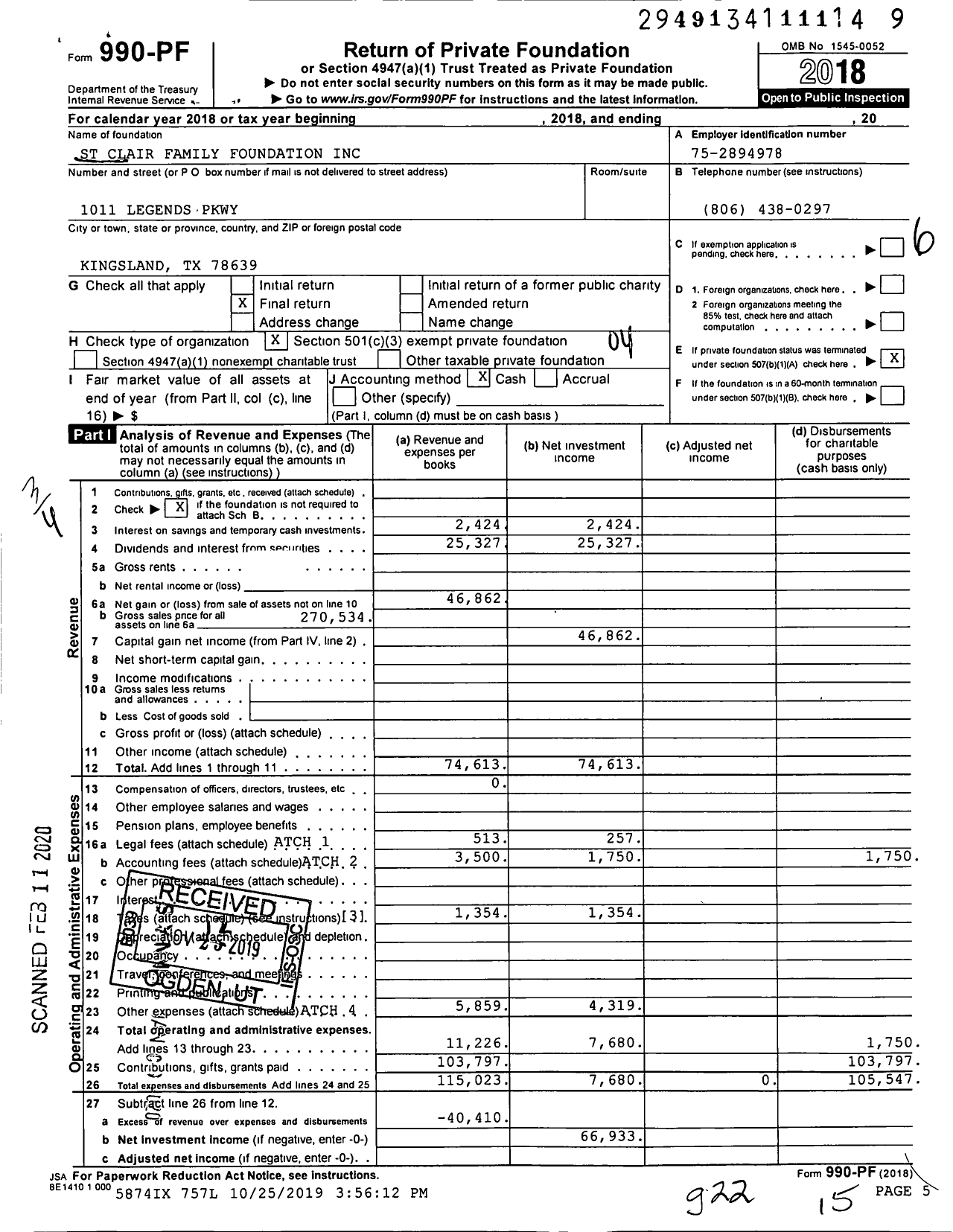 Image of first page of 2018 Form 990PF for St Clair Family Foundation