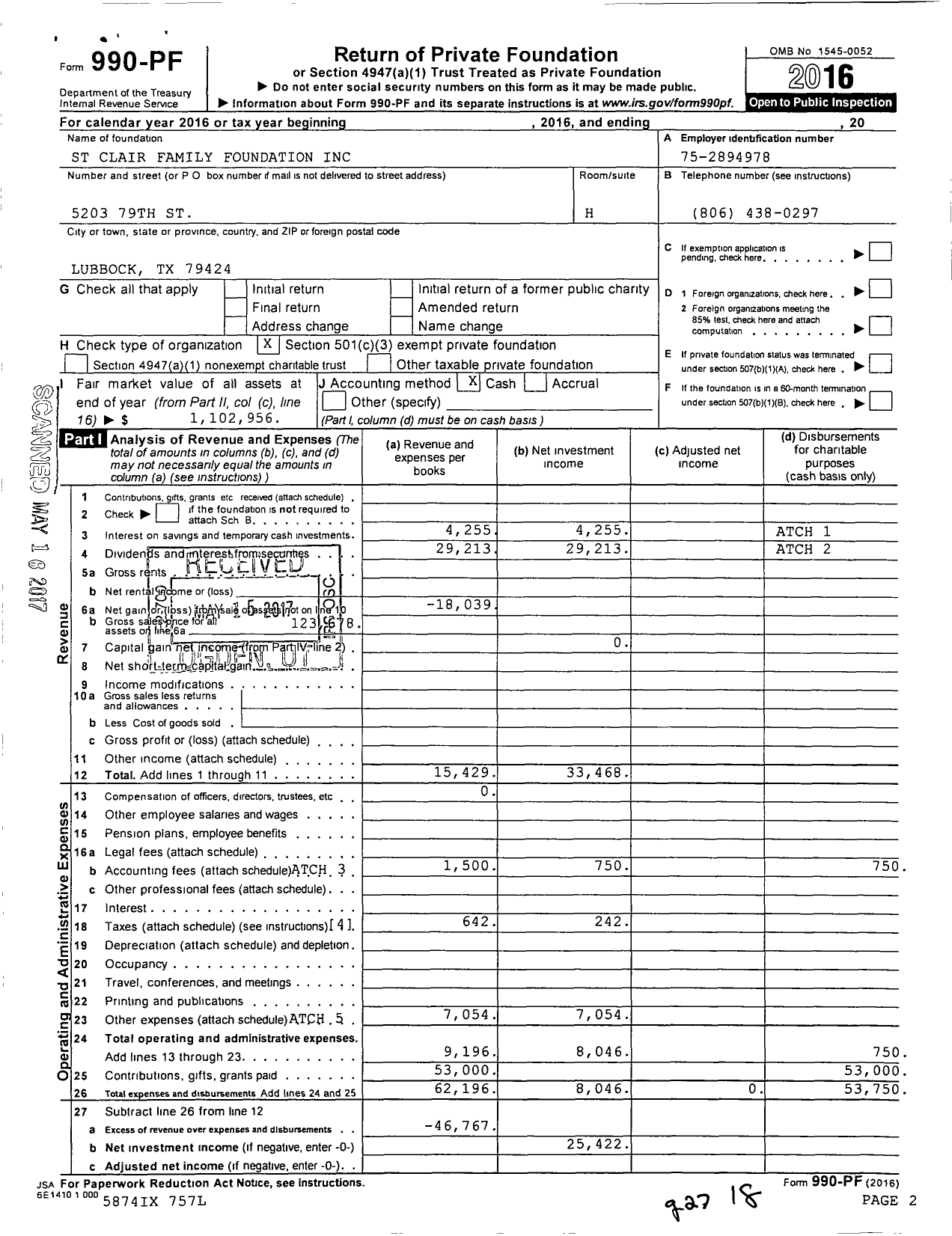 Image of first page of 2016 Form 990PF for St Clair Family Foundation