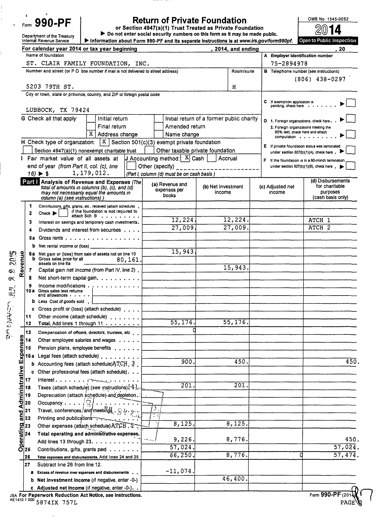 Image of first page of 2014 Form 990PF for St Clair Family Foundation