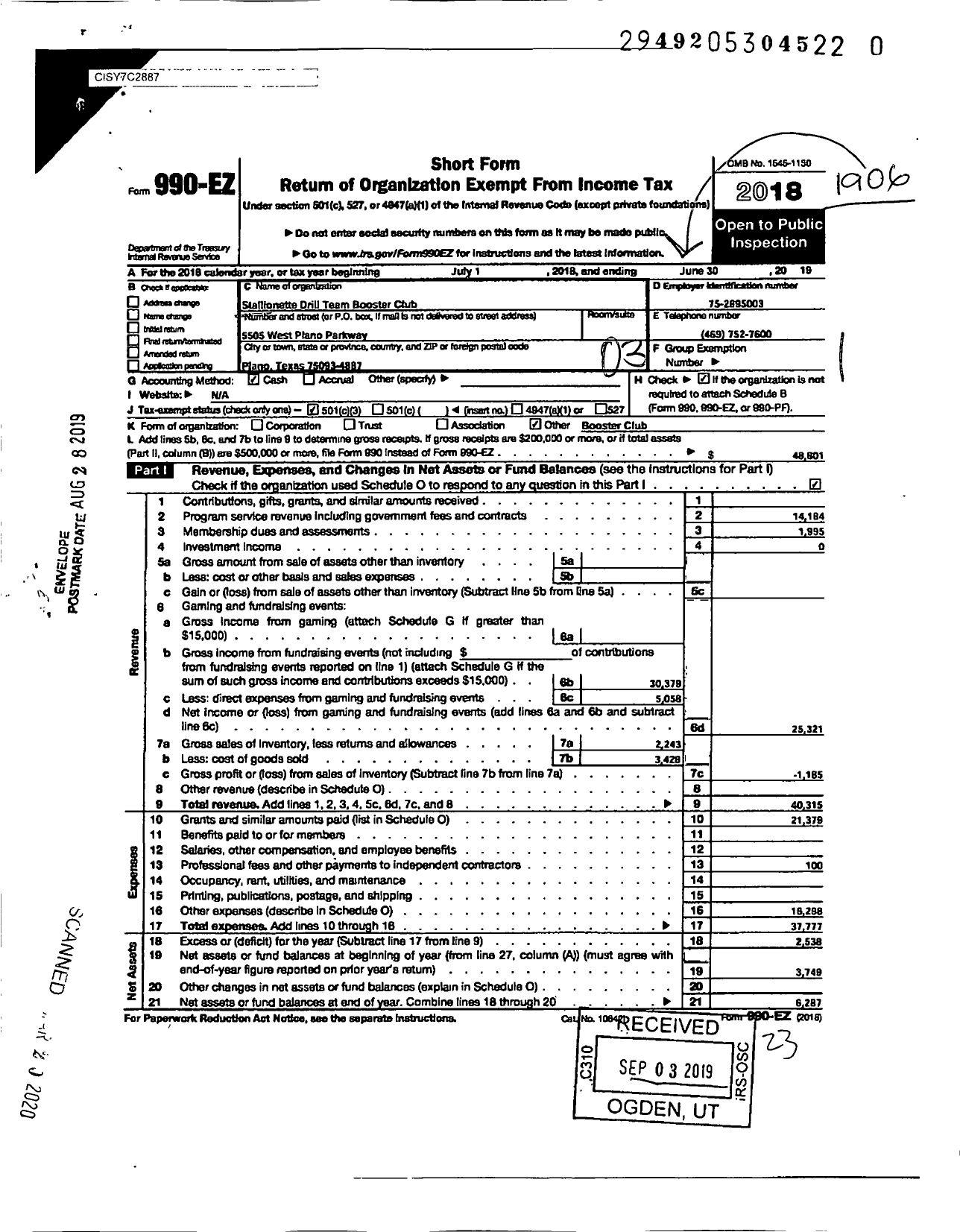 Image of first page of 2018 Form 990EZ for Sapphires Drill Team Booster Club