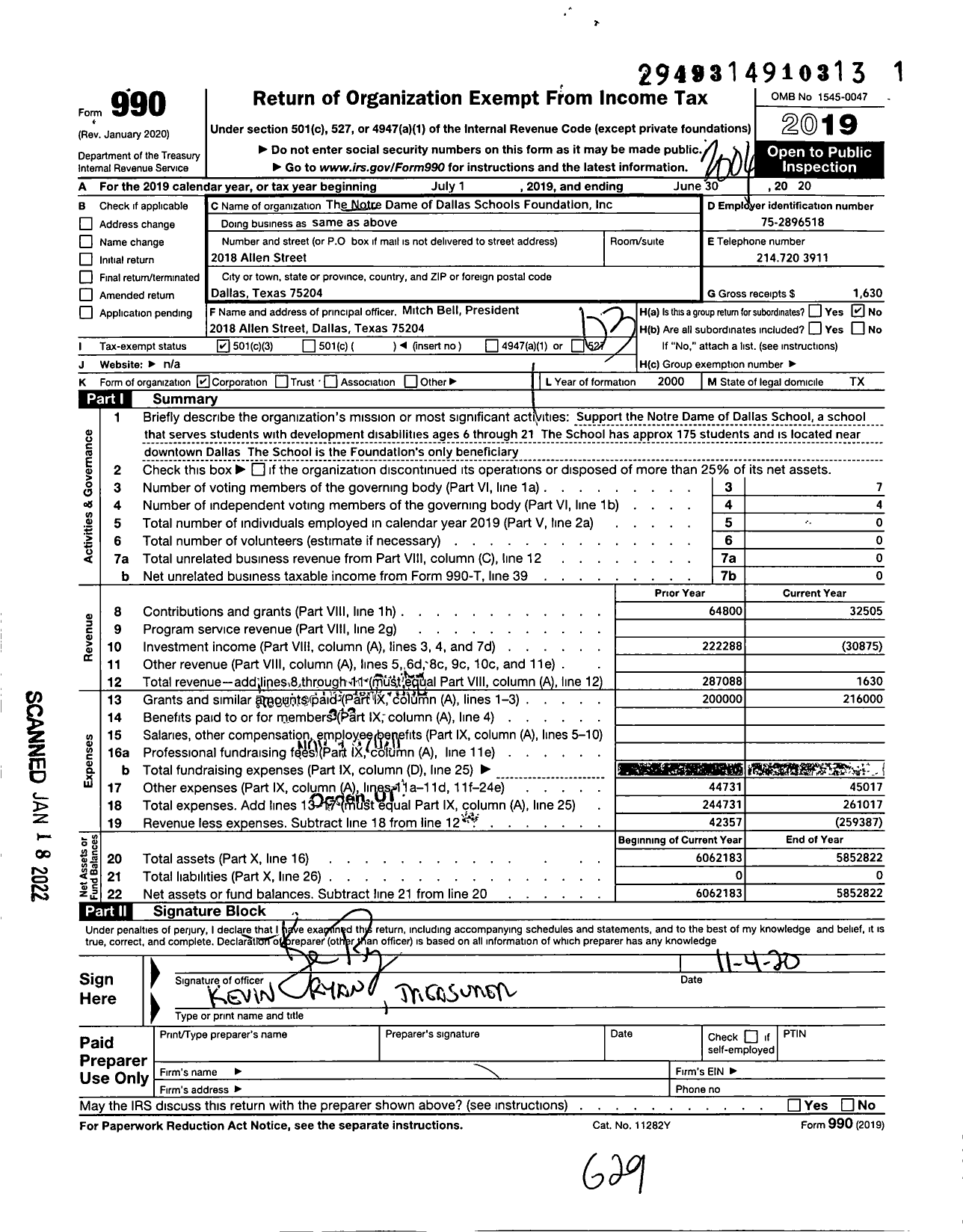 Image of first page of 2019 Form 990 for Notre Dame School