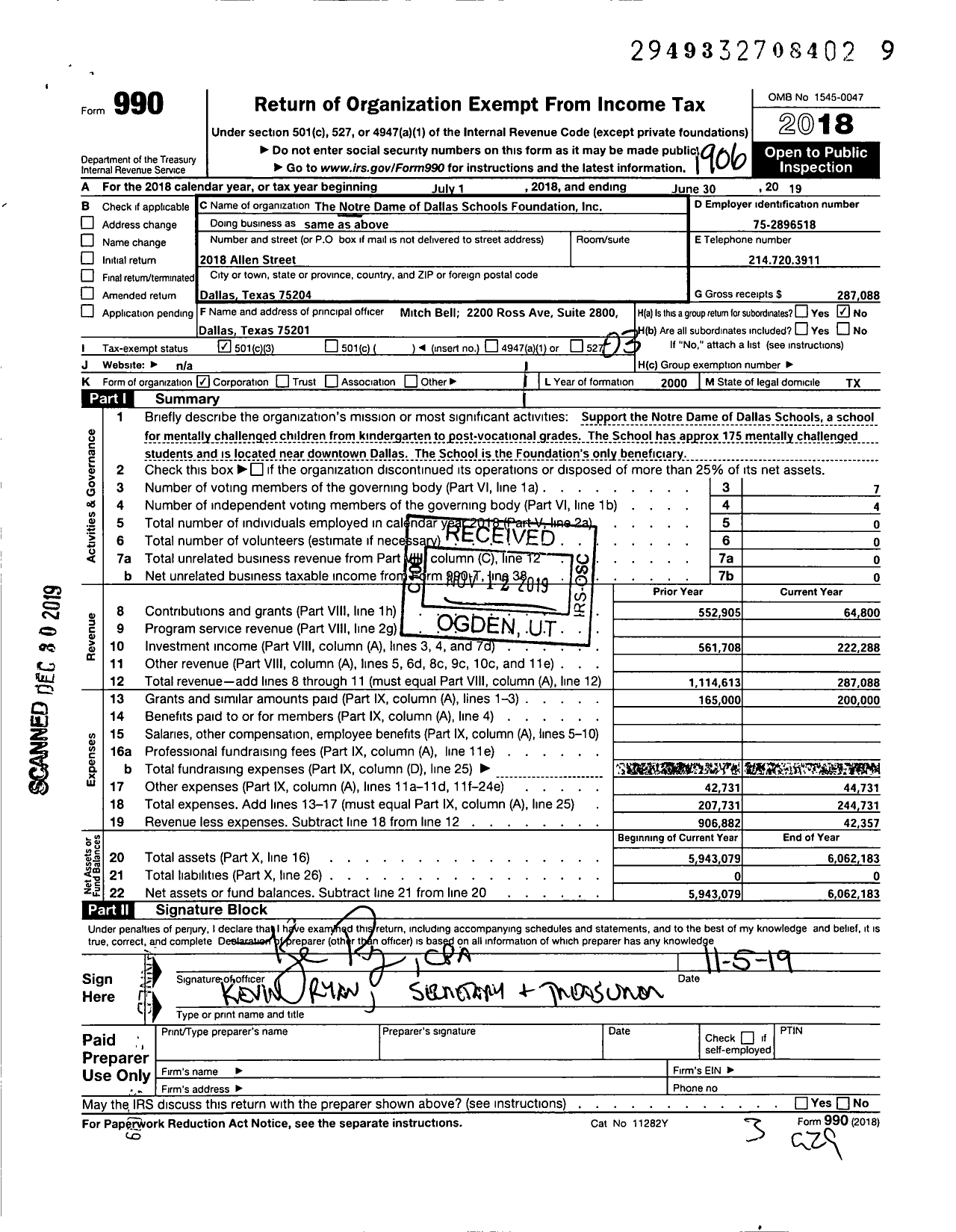 Image of first page of 2018 Form 990 for Notre Dame School