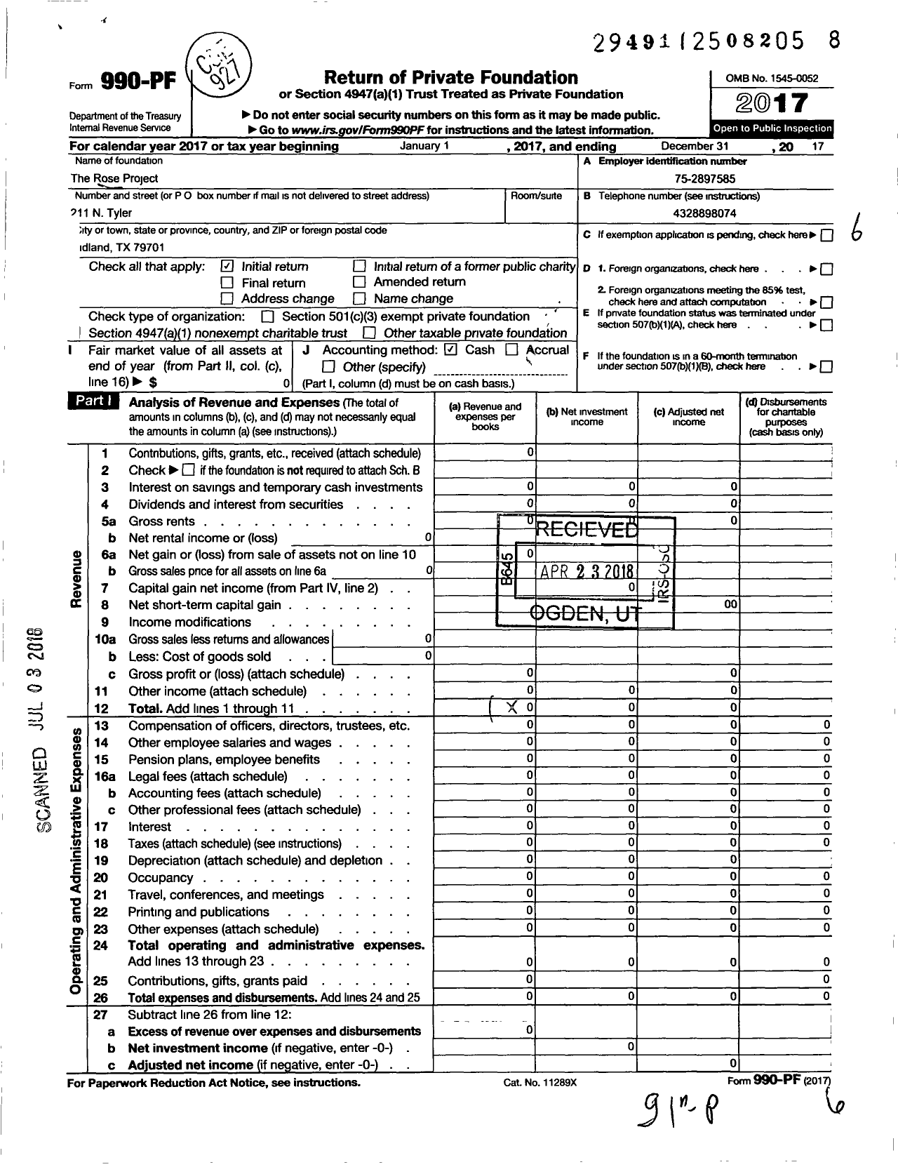 Image of first page of 2017 Form 990PF for Rose Project