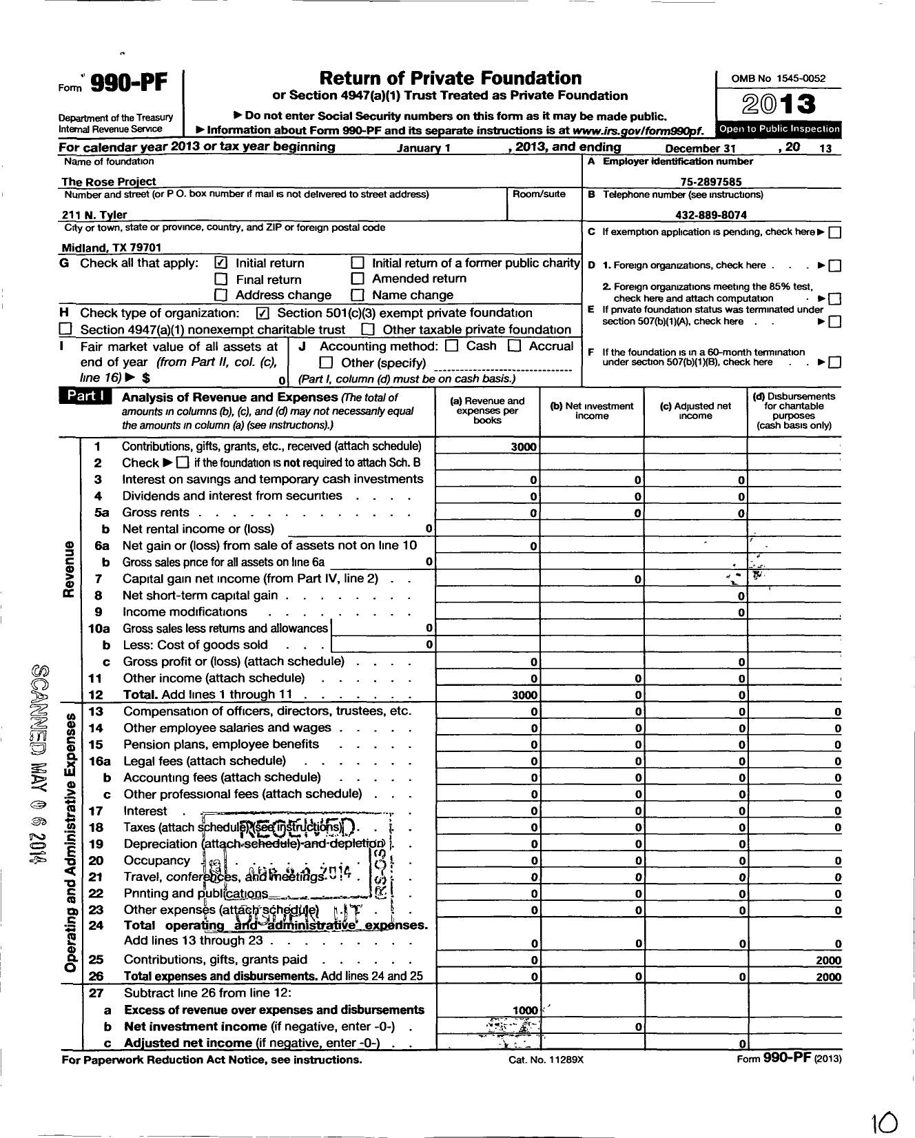 Image of first page of 2013 Form 990PF for Rose Project