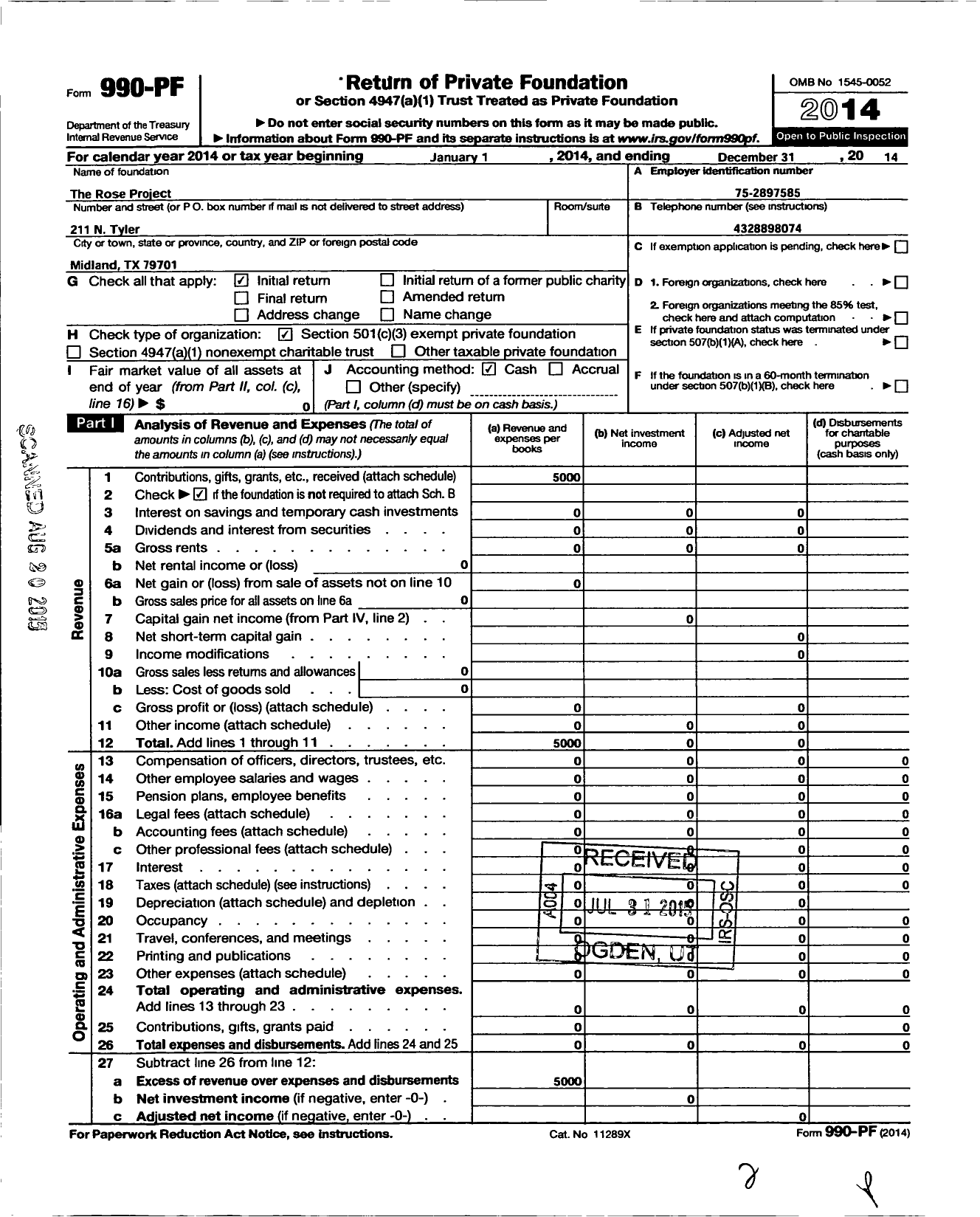 Image of first page of 2014 Form 990PF for Rose Project