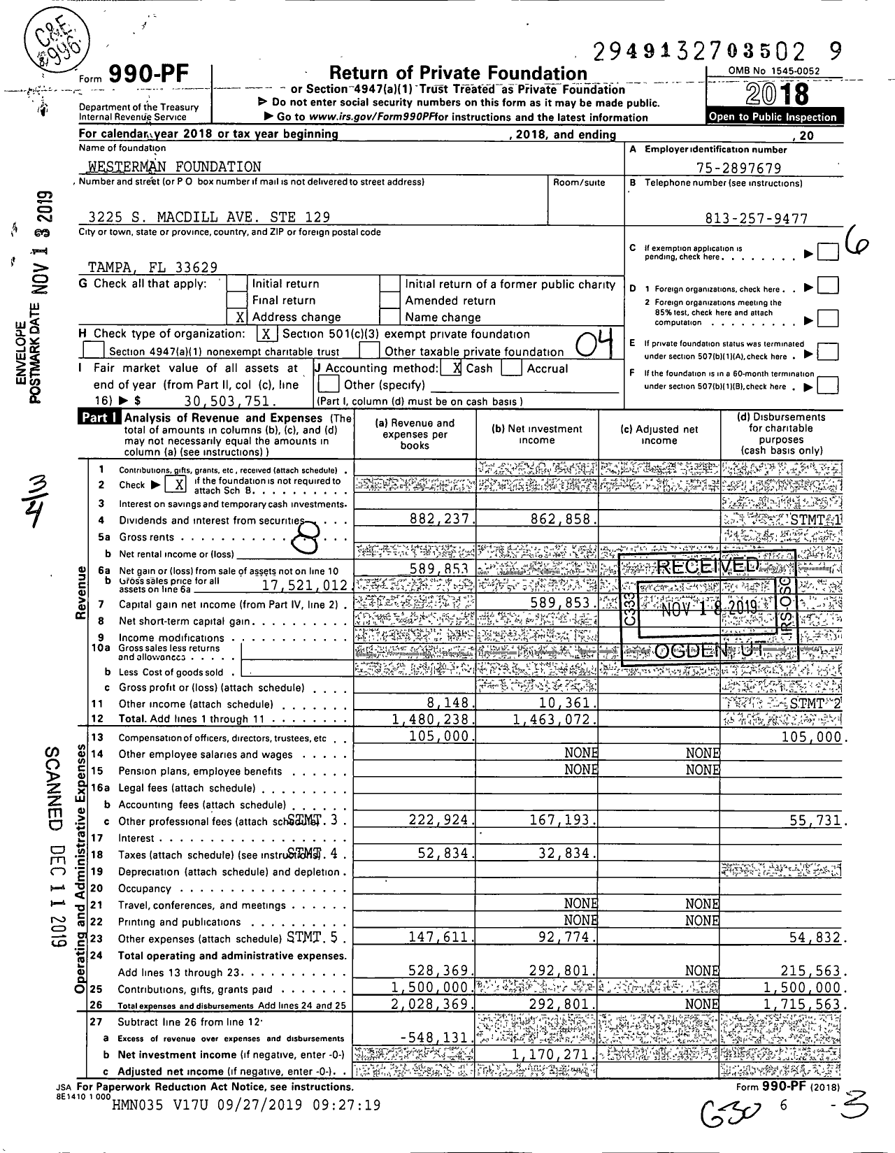 Image of first page of 2018 Form 990PF for Westerman Foundation