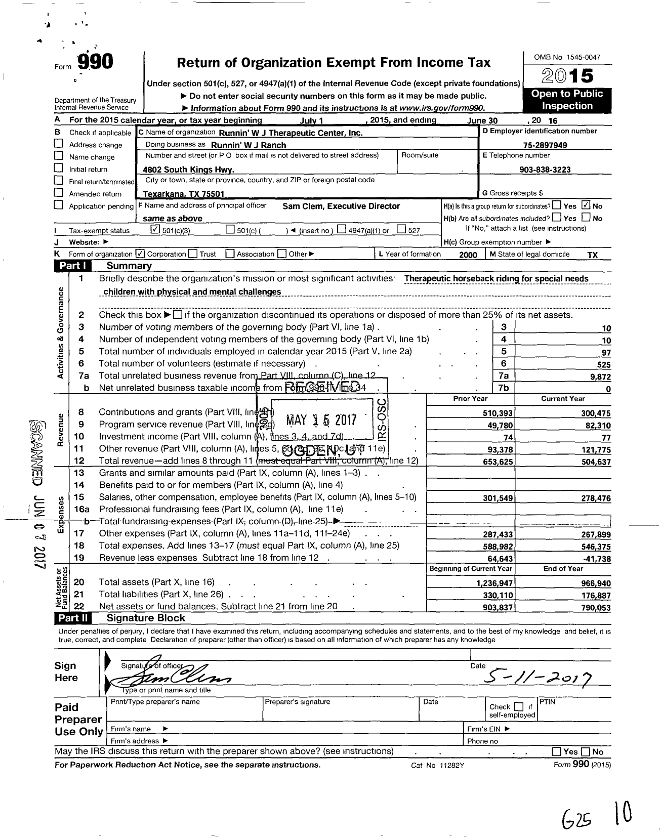 Image of first page of 2015 Form 990 for Runnin WJ Therapeutic Center