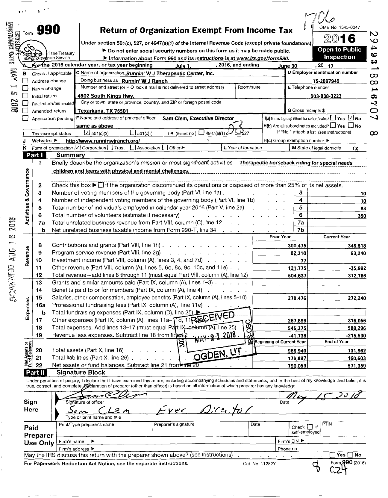 Image of first page of 2016 Form 990 for Runnin WJ Therapeutic Center