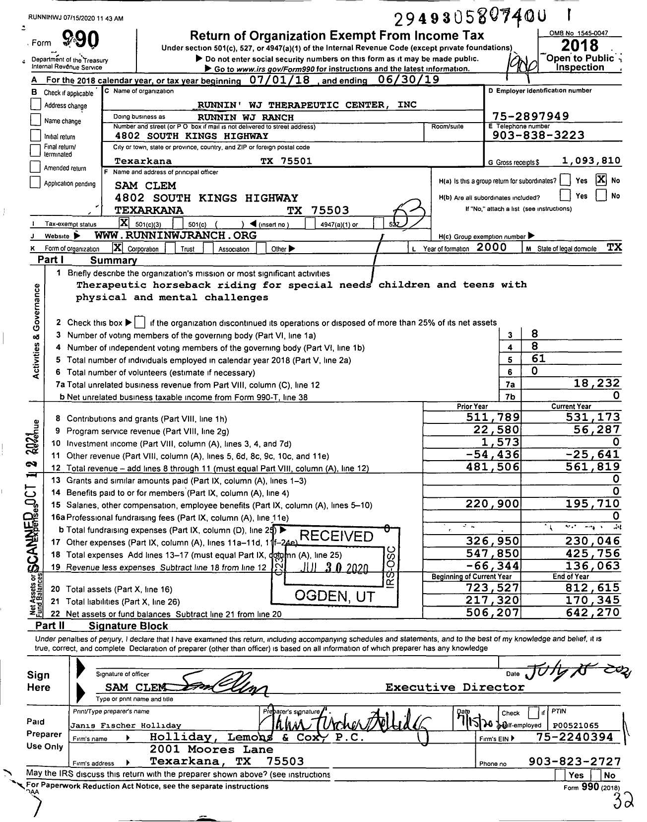 Image of first page of 2018 Form 990 for Runnin WJ Therapeutic Center