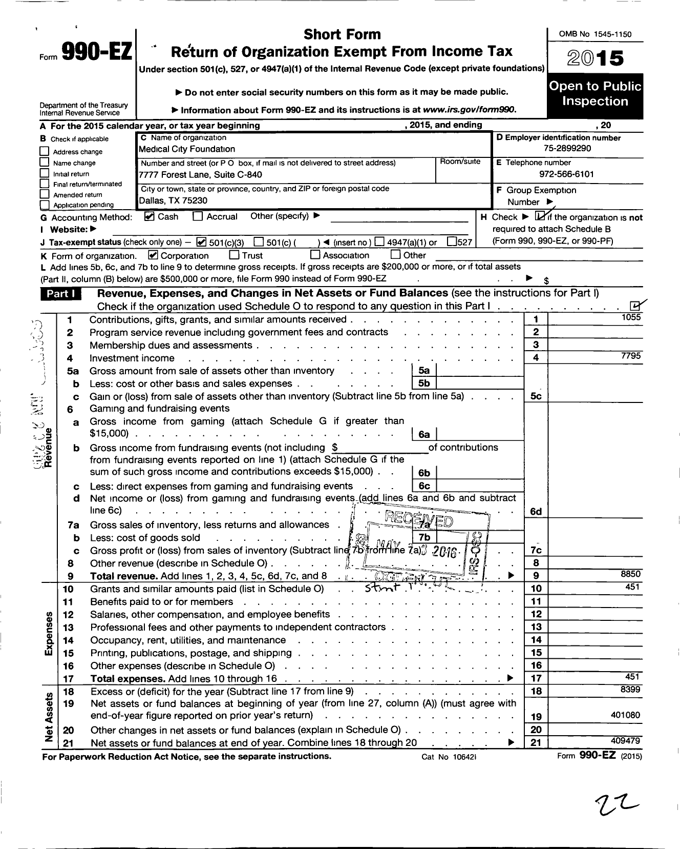 Image of first page of 2015 Form 990EZ for Medical City Foundation