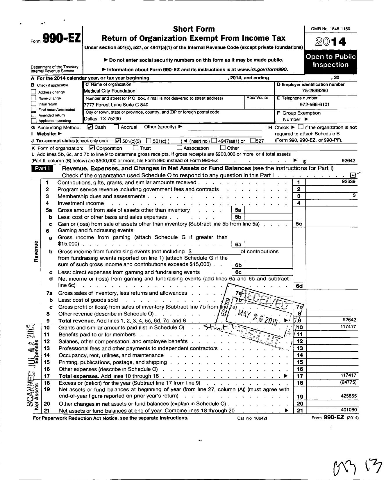 Image of first page of 2014 Form 990EZ for Medical City Foundation