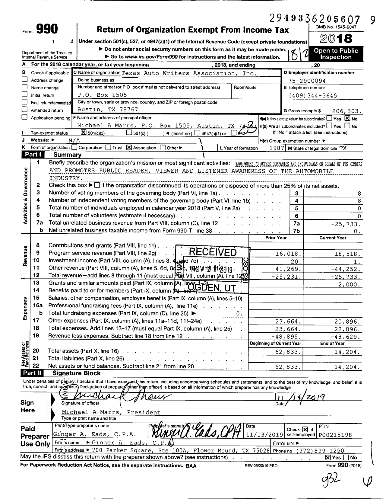 Image of first page of 2018 Form 990 for Texas Auto Writers Association