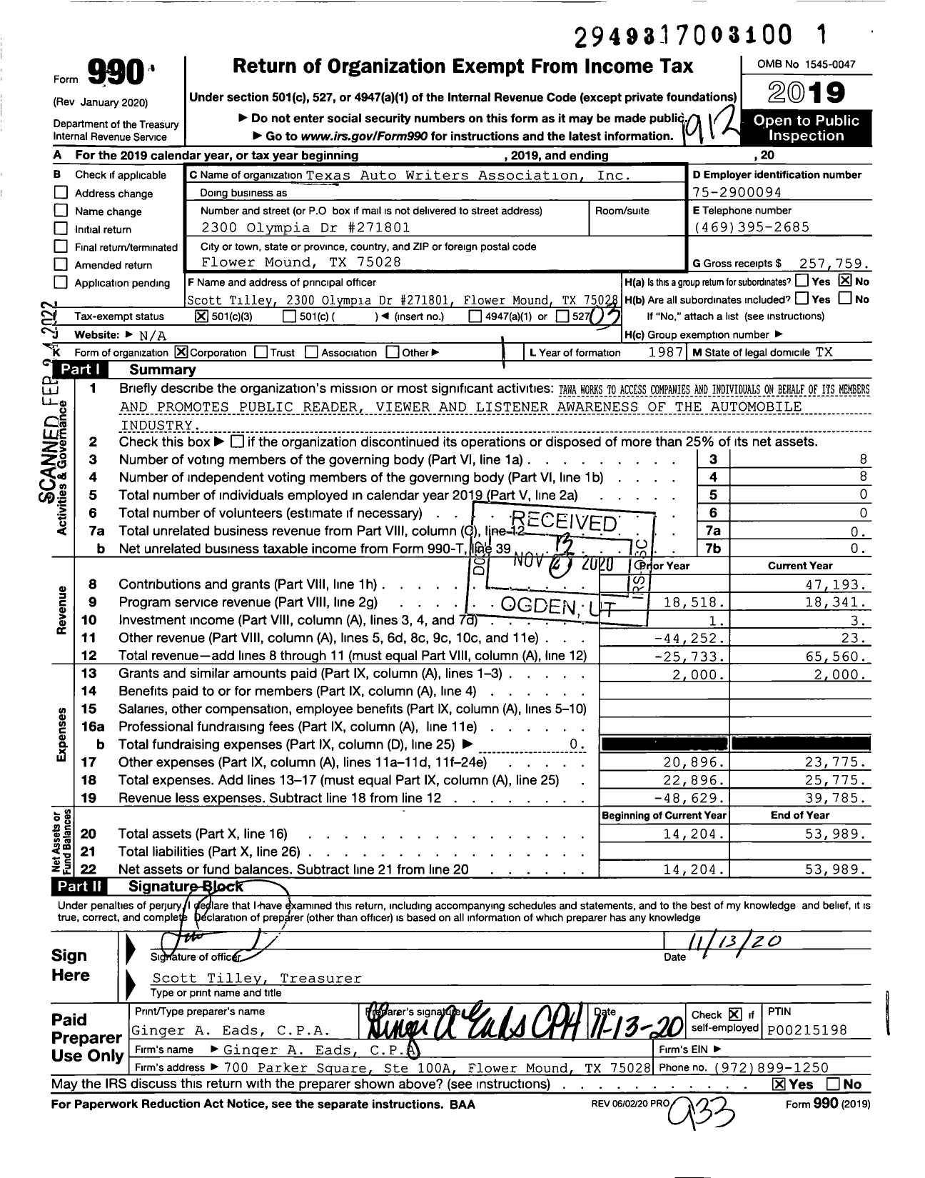 Image of first page of 2019 Form 990 for Texas Auto Writers Association