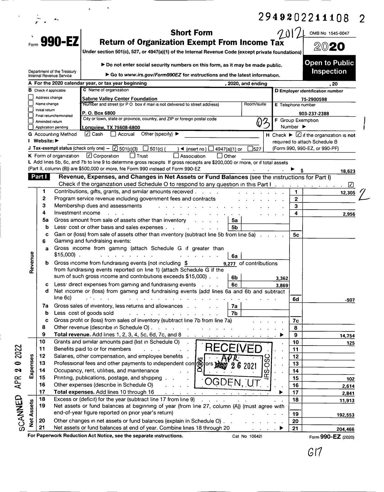 Image of first page of 2020 Form 990EZ for Sabine Valley Center Foundation