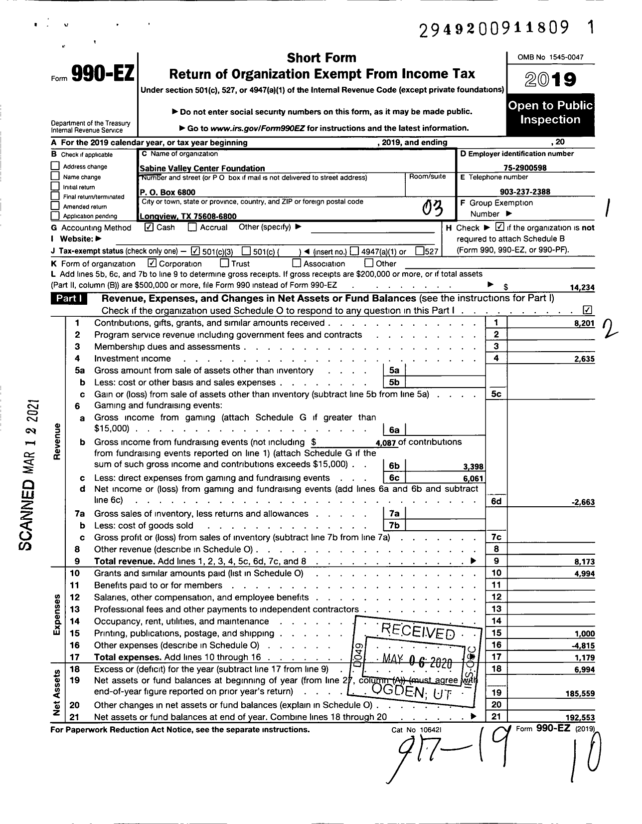 Image of first page of 2019 Form 990EZ for Sabine Valley Center Foundation