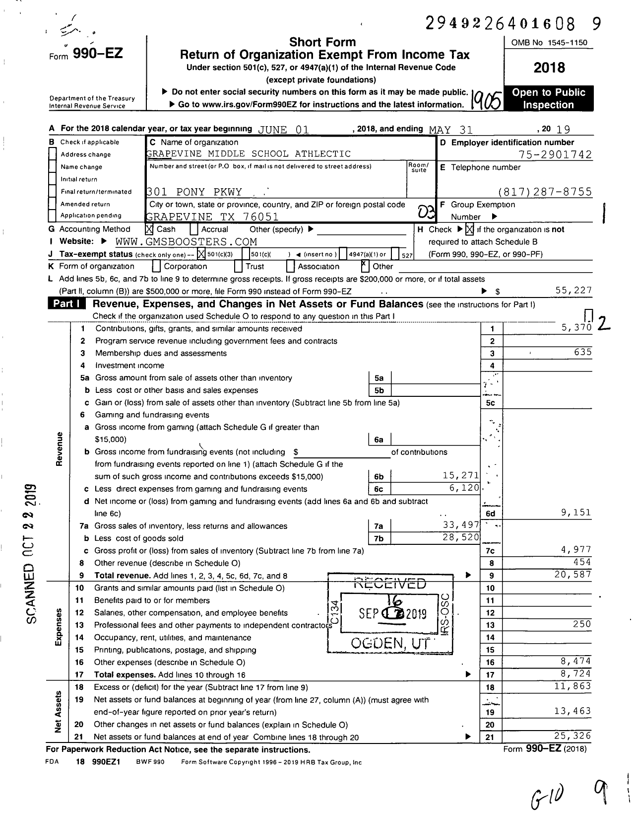 Image of first page of 2018 Form 990EZ for Grapevine Middle School Athlectic Booster Club