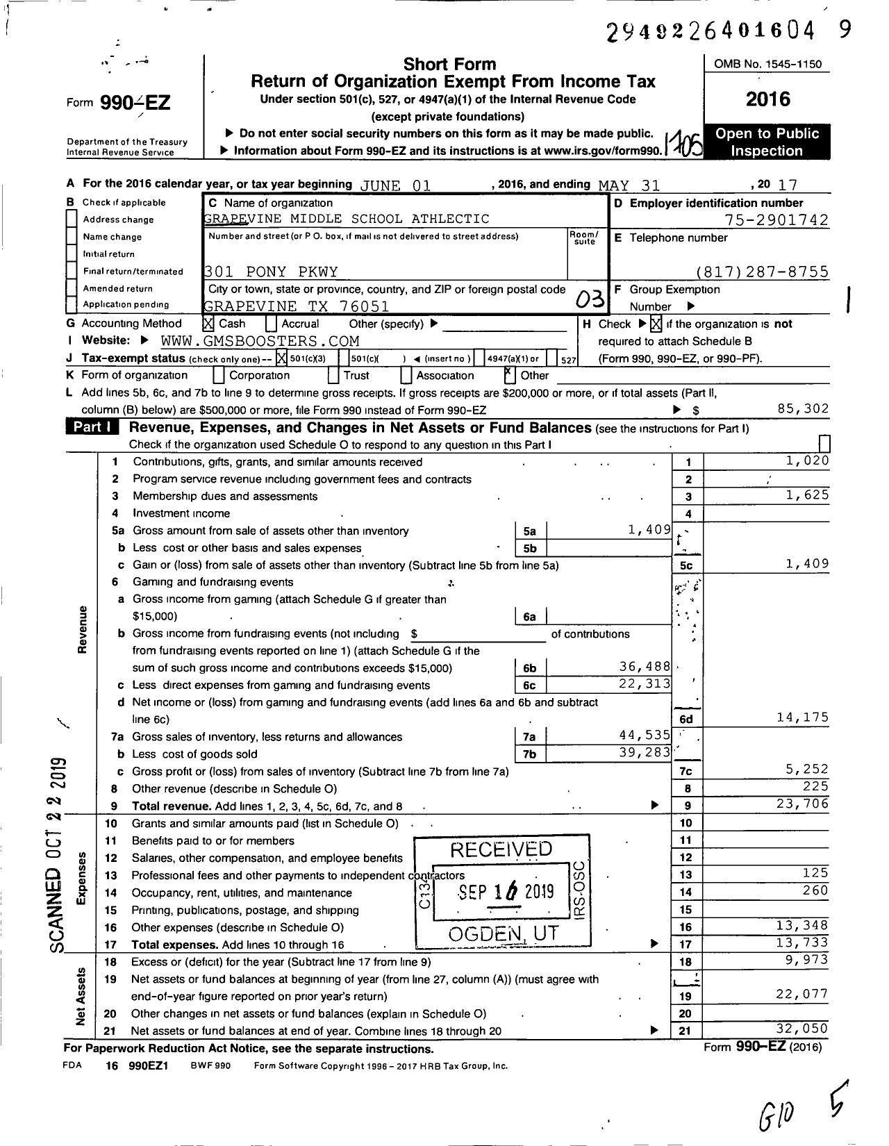 Image of first page of 2016 Form 990EZ for Grapevine Middle School Athlectic Booster Club