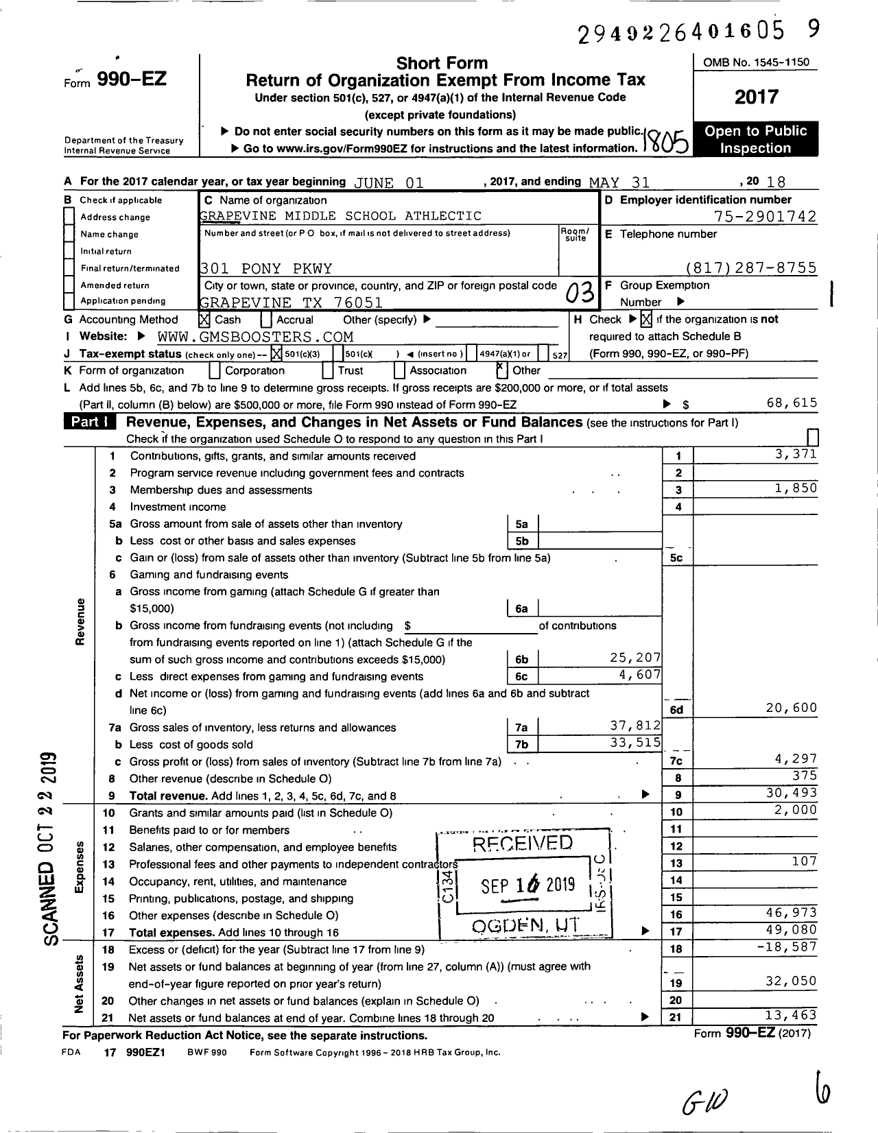 Image of first page of 2017 Form 990EZ for Grapevine Middle School Athlectic Booster Club