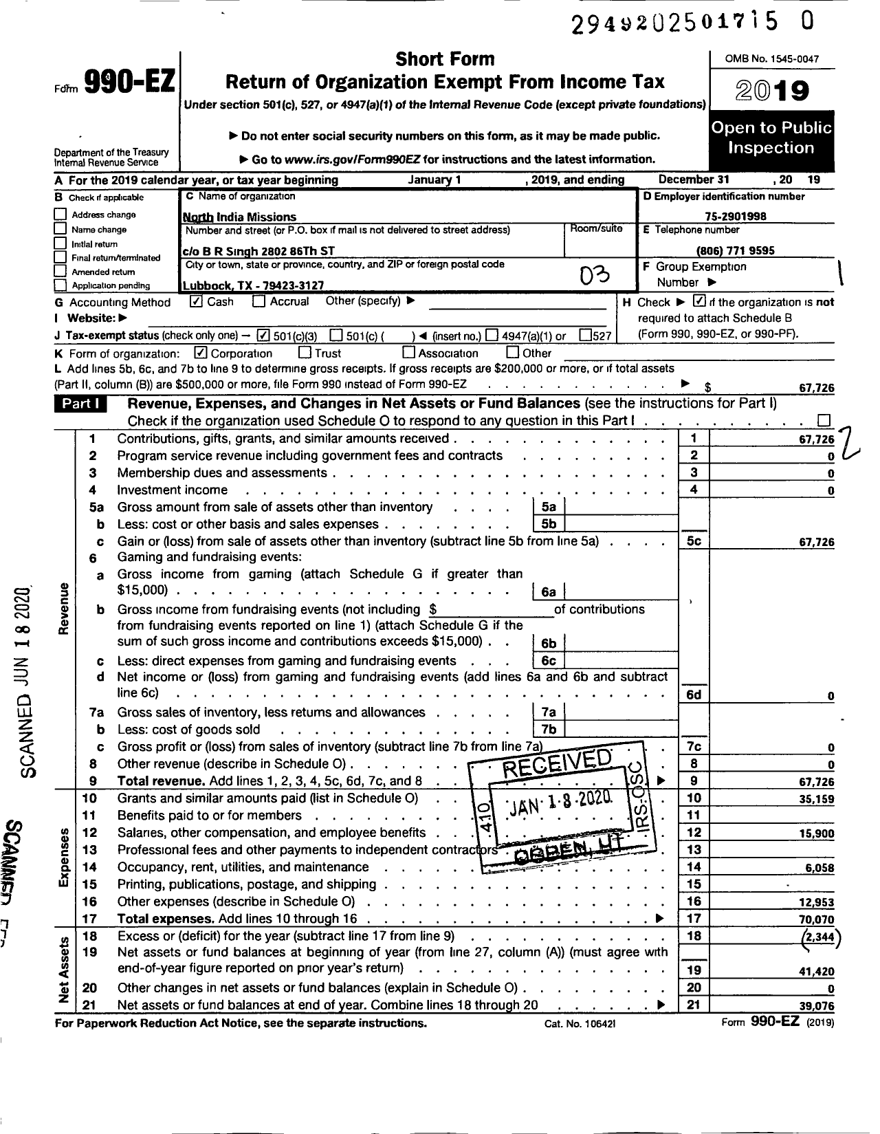 Image of first page of 2019 Form 990EZ for North India Missions