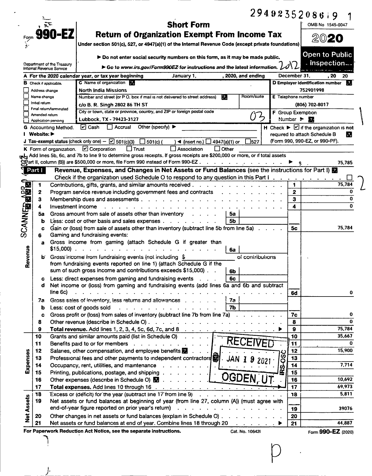 Image of first page of 2020 Form 990EZ for North India Missions